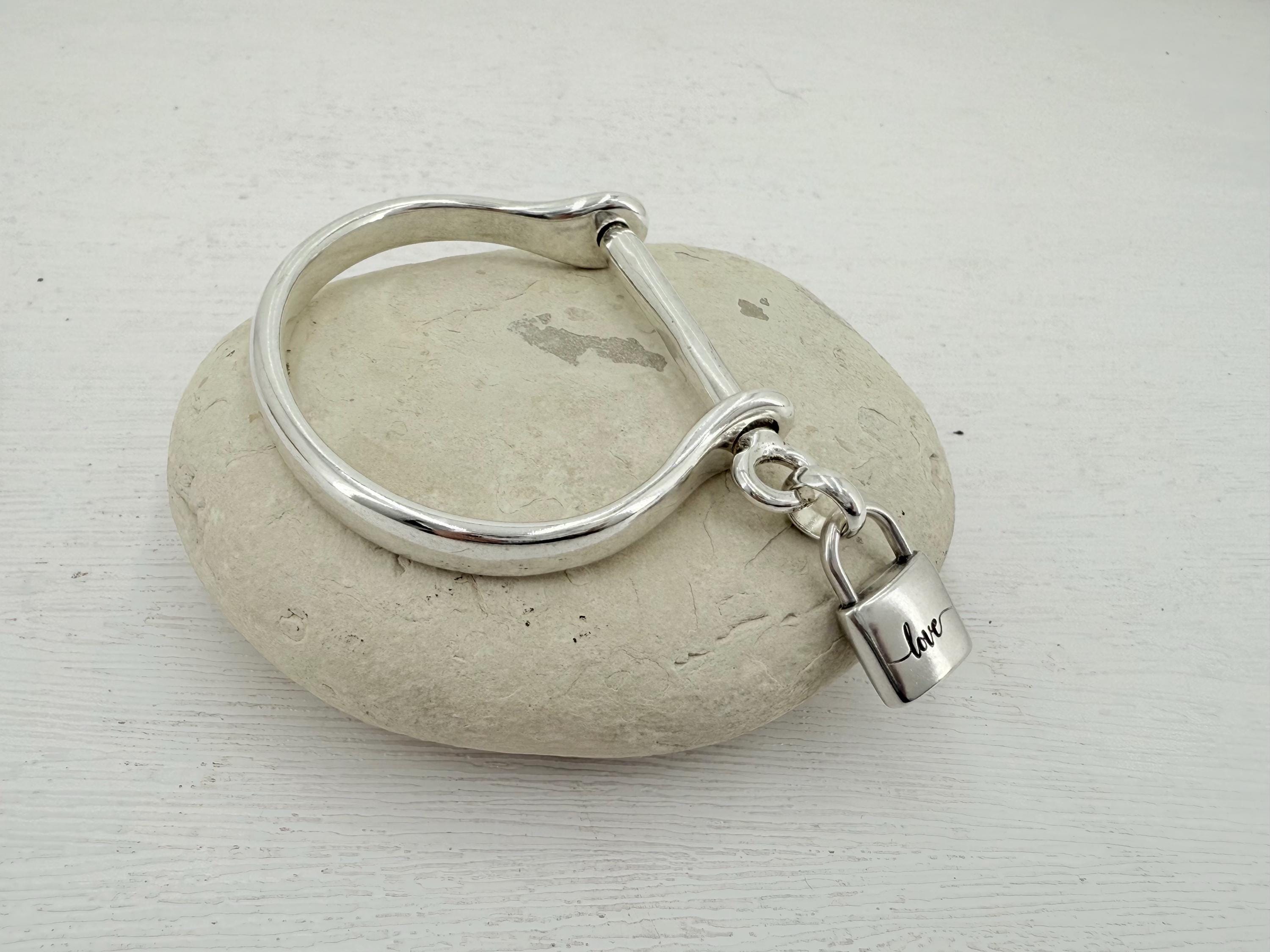 Chunky silver shackle shaped bracelet, rigid industrial cuff, bold bangle
