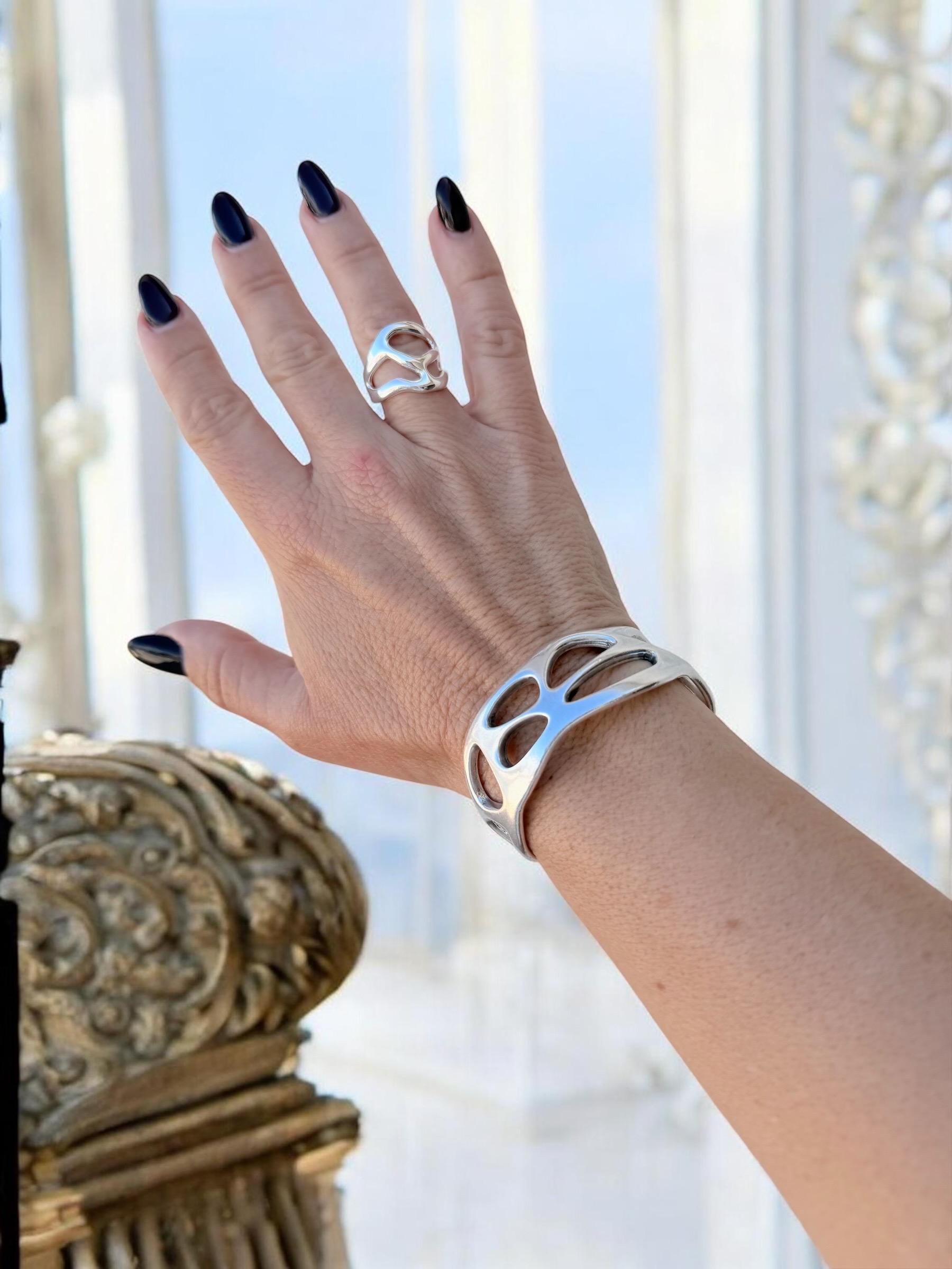 Chunky silver adjustable cuff, Sculptural Silver-Plated Bracelet, Modern Openwork bangle, Bold Jewelry