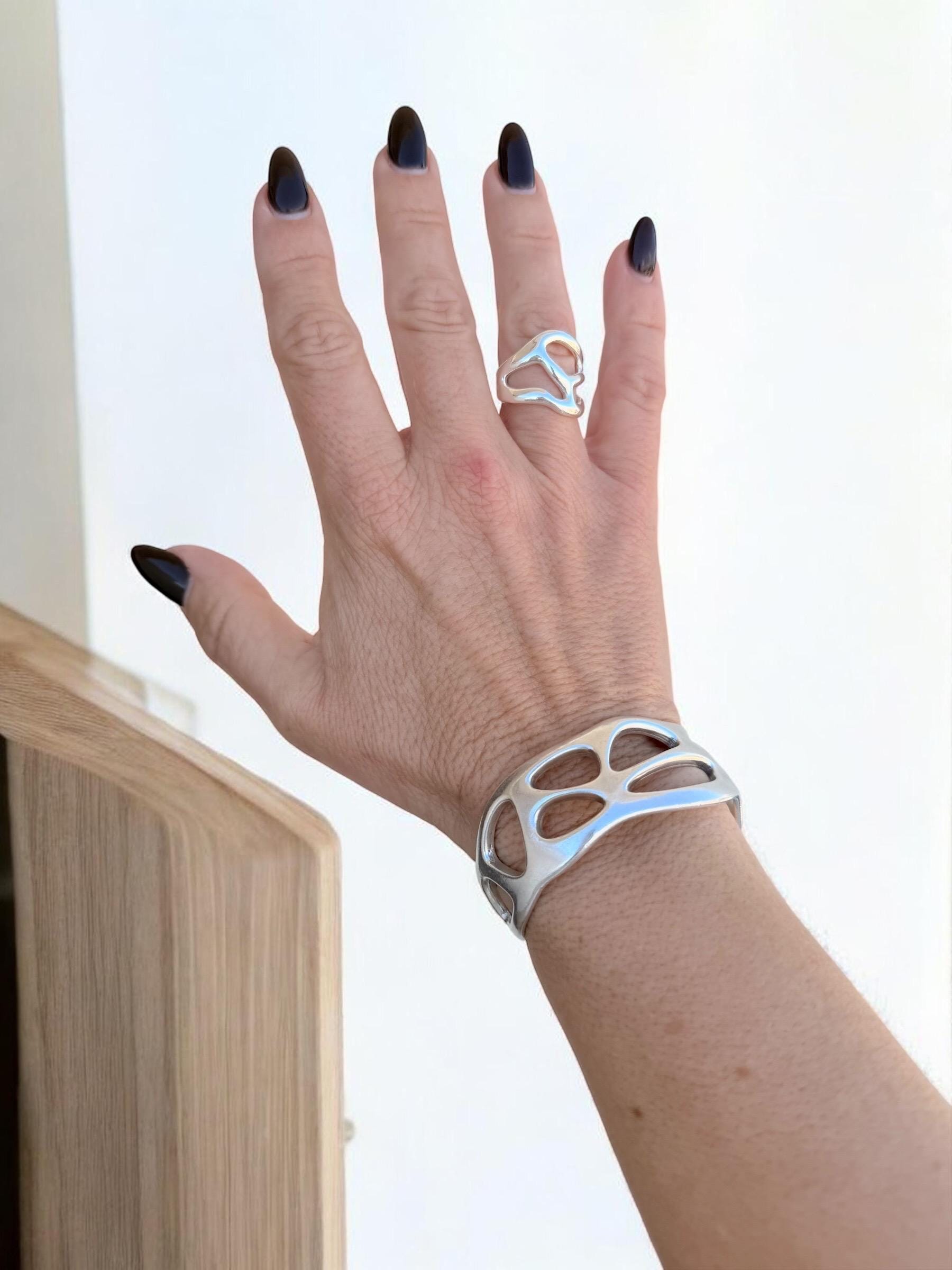 Chunky silver adjustable cuff, Sculptural Silver-Plated Bracelet, Modern Openwork bangle, Bold Jewelry