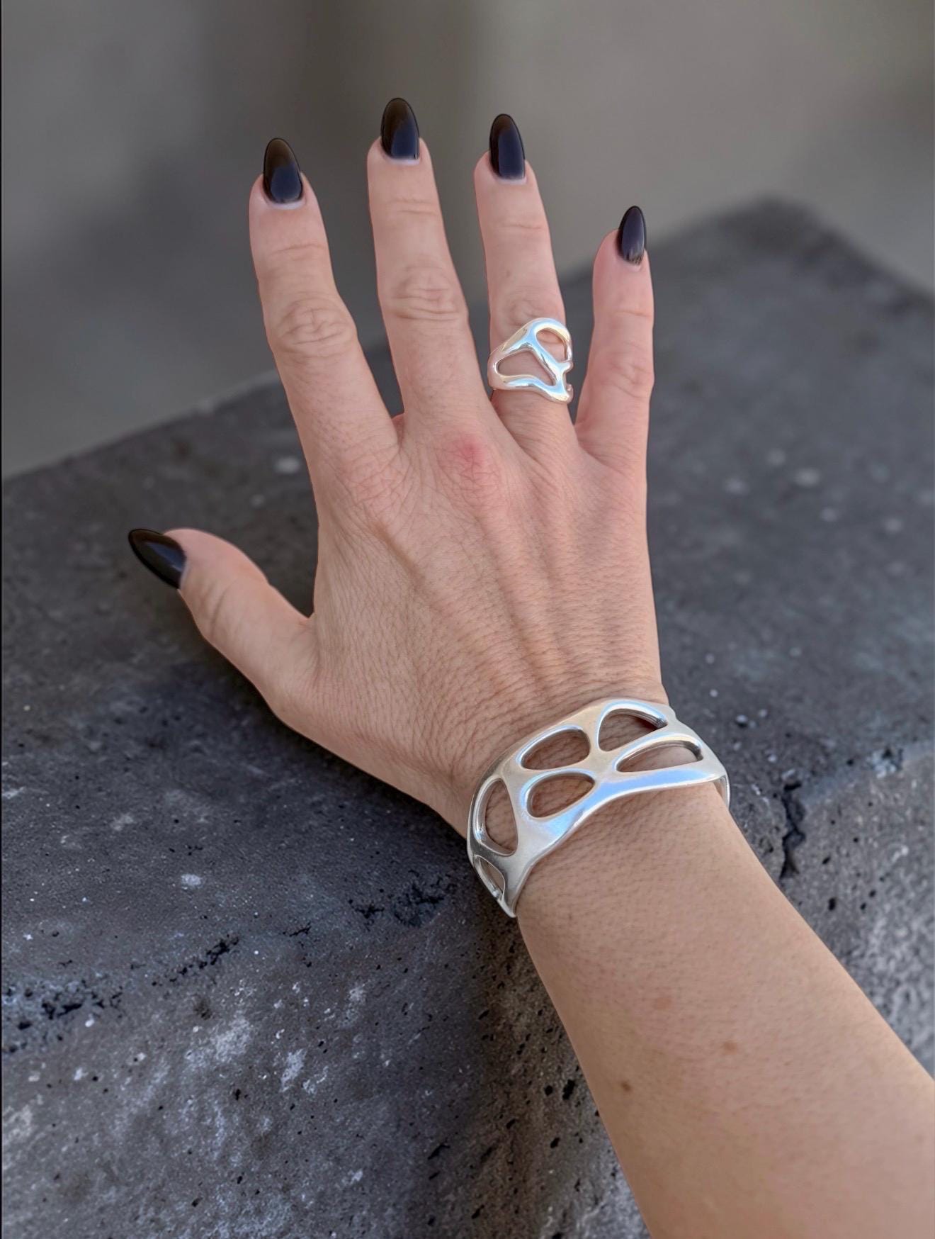 Chunky silver adjustable cuff, Sculptural Silver-Plated Bracelet, Modern Openwork bangle, Bold Jewelry