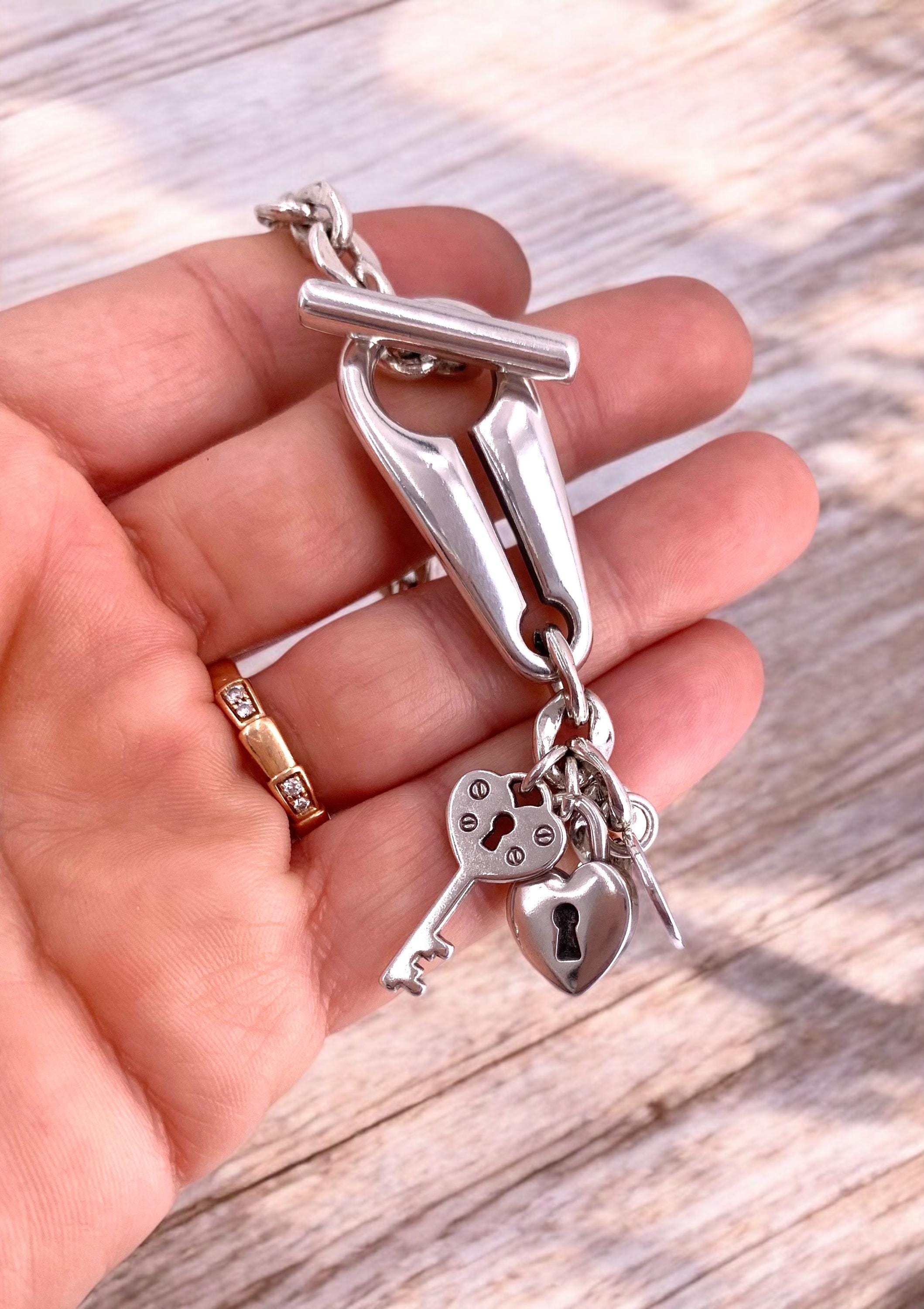 Chunky Silver Chain Bracelet with toggle clasp and Padlock & Key Charms – custom gift