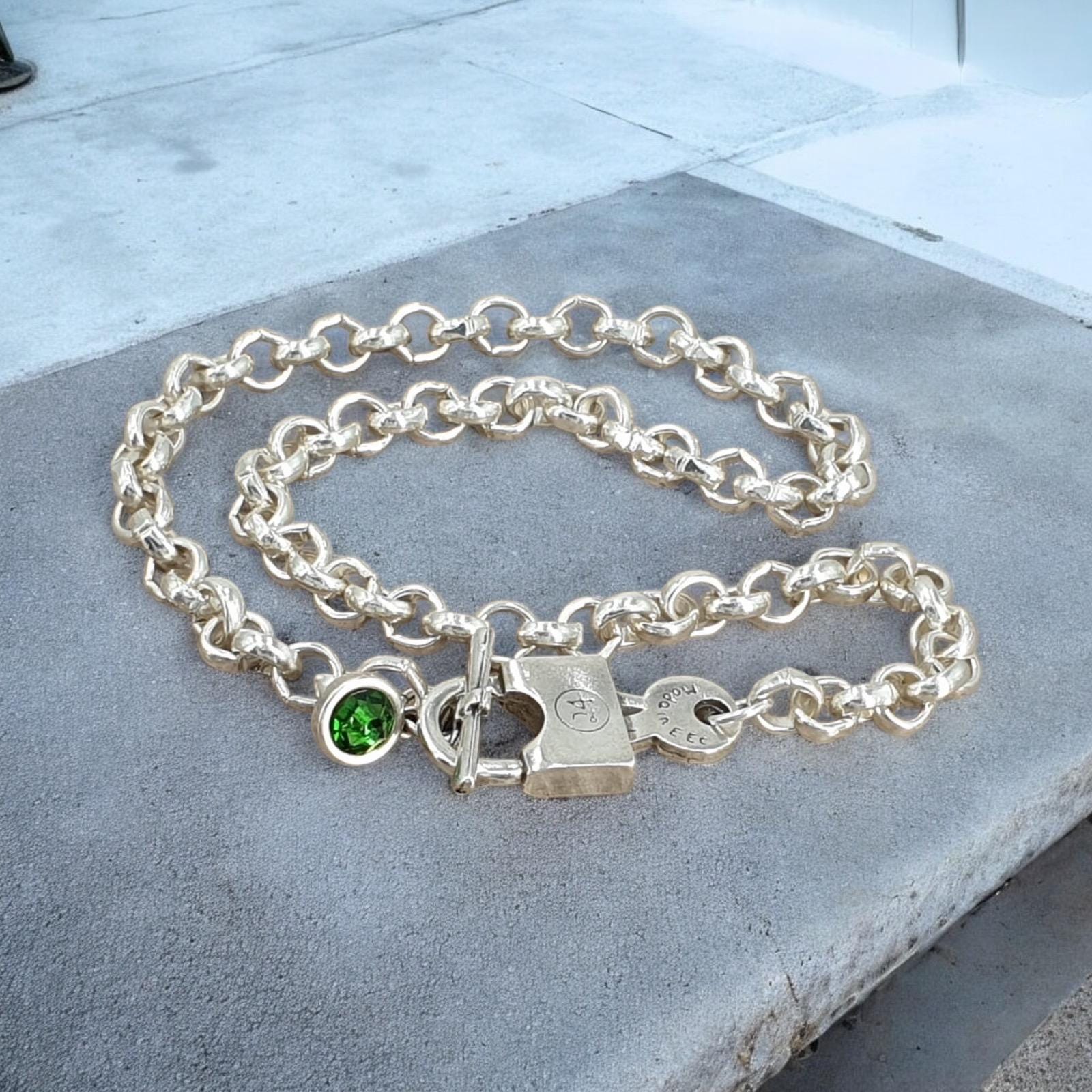 Chunky silver Chain Necklace with Bold Padlock Toggle Clasp with Swarovski crystal Charm
