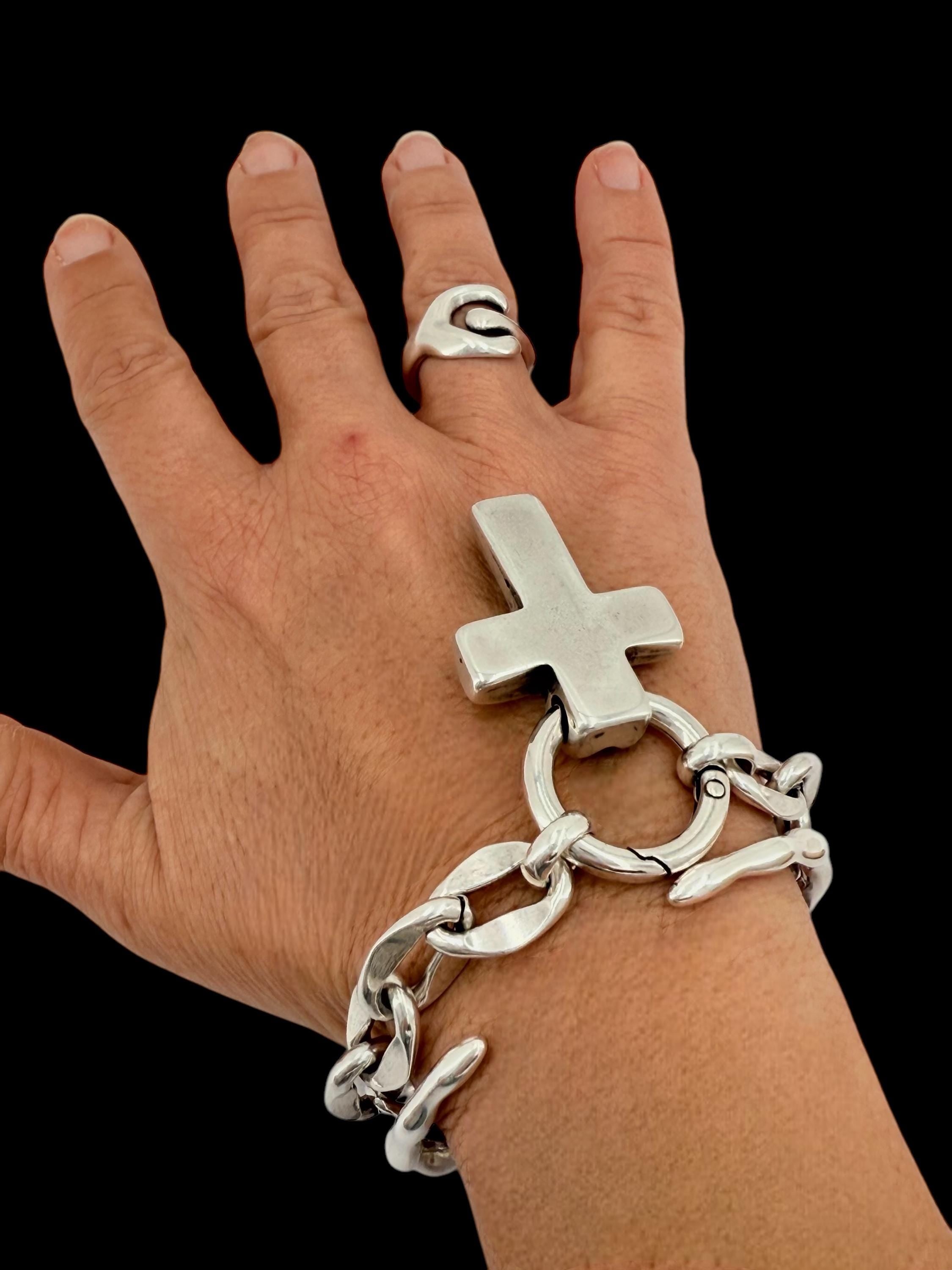 Chunky silver chain bracelet with bold cross pendant, handmade customized Jewelry.