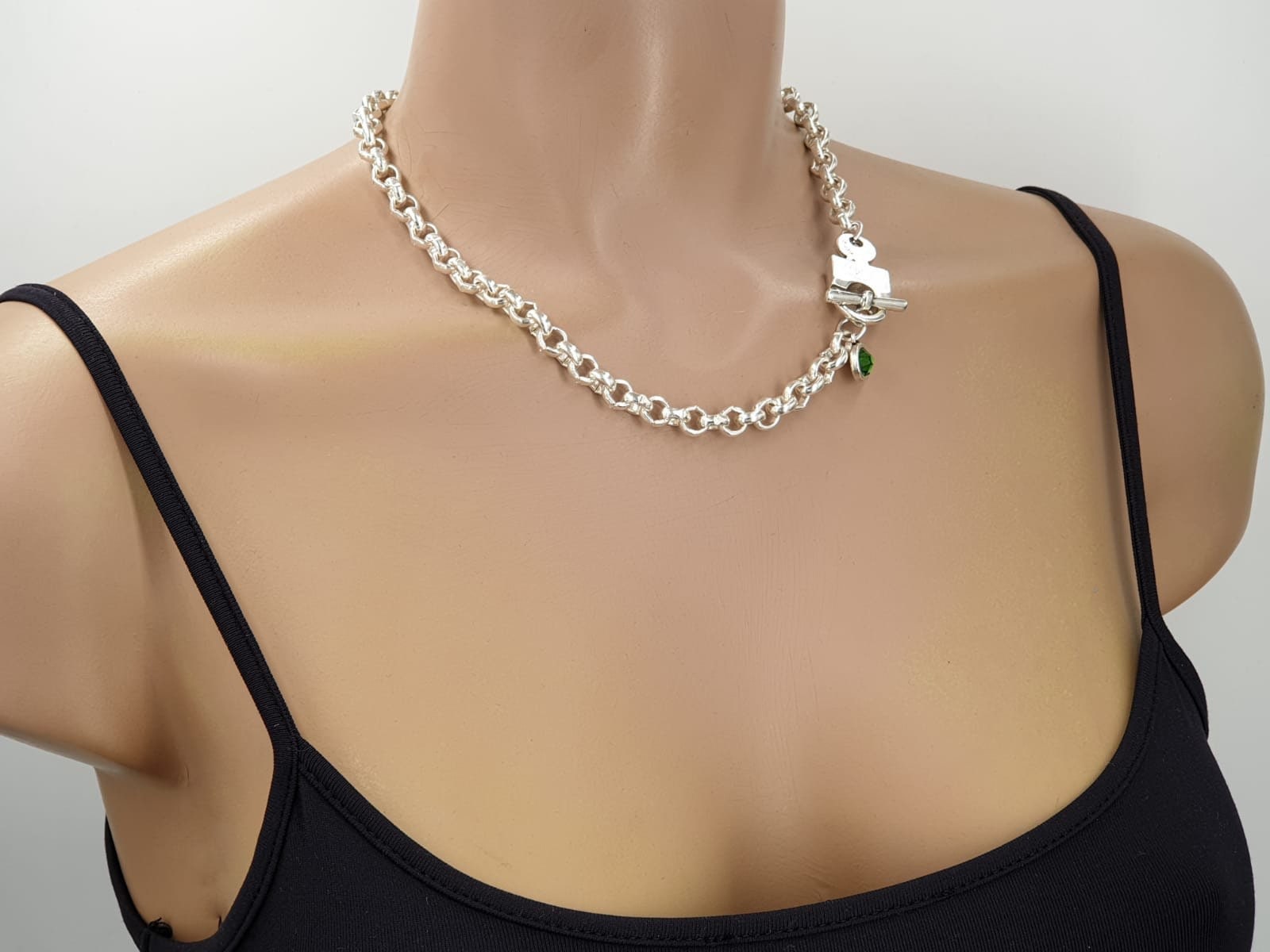 Chunky silver Chain Necklace with Bold Padlock Toggle Clasp with Swarovski crystal Charm