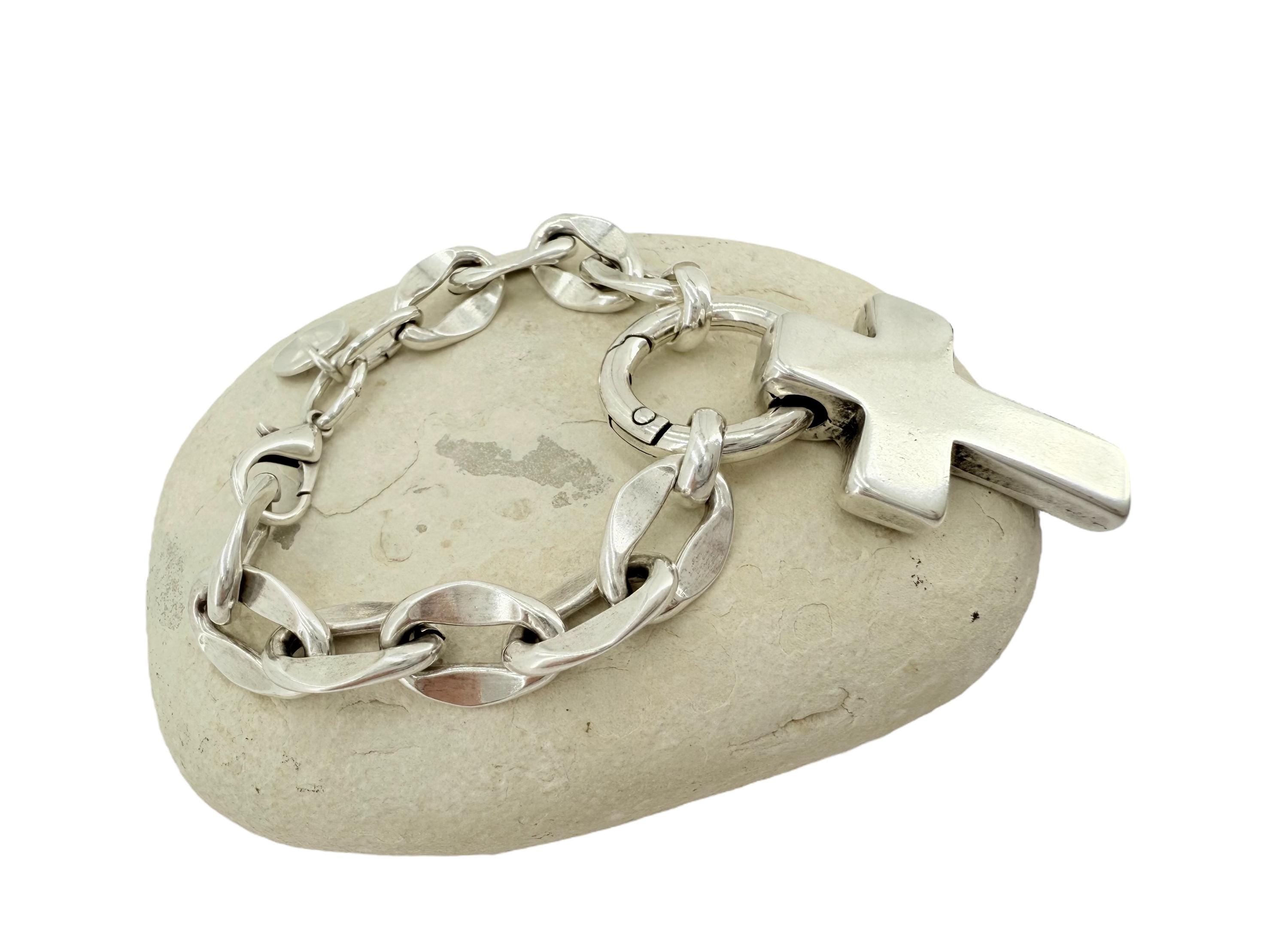 Chunky silver chain bracelet with bold cross pendant, handmade customized Jewelry.