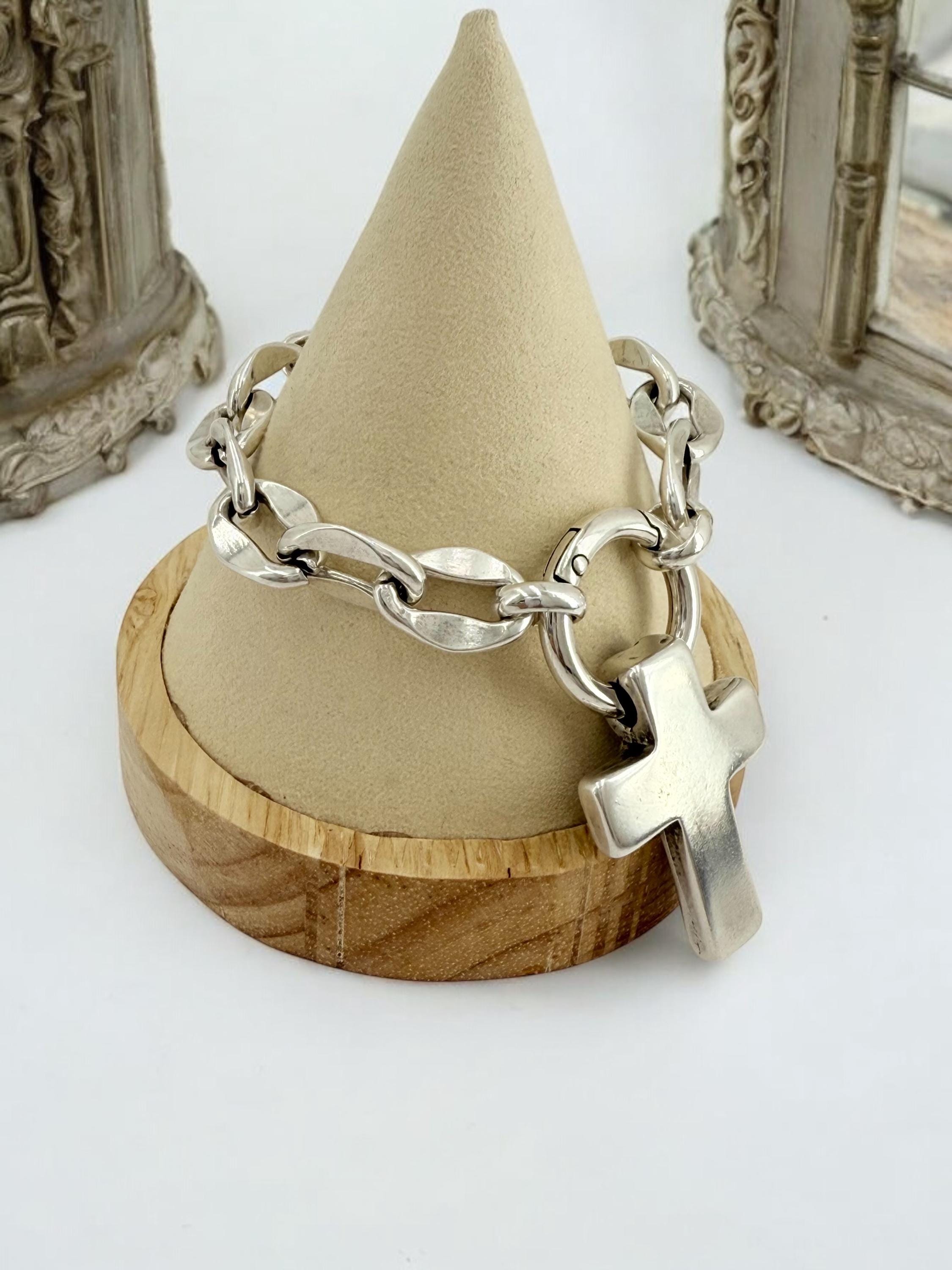 Chunky silver chain bracelet with bold cross pendant, handmade customized Jewelry.
