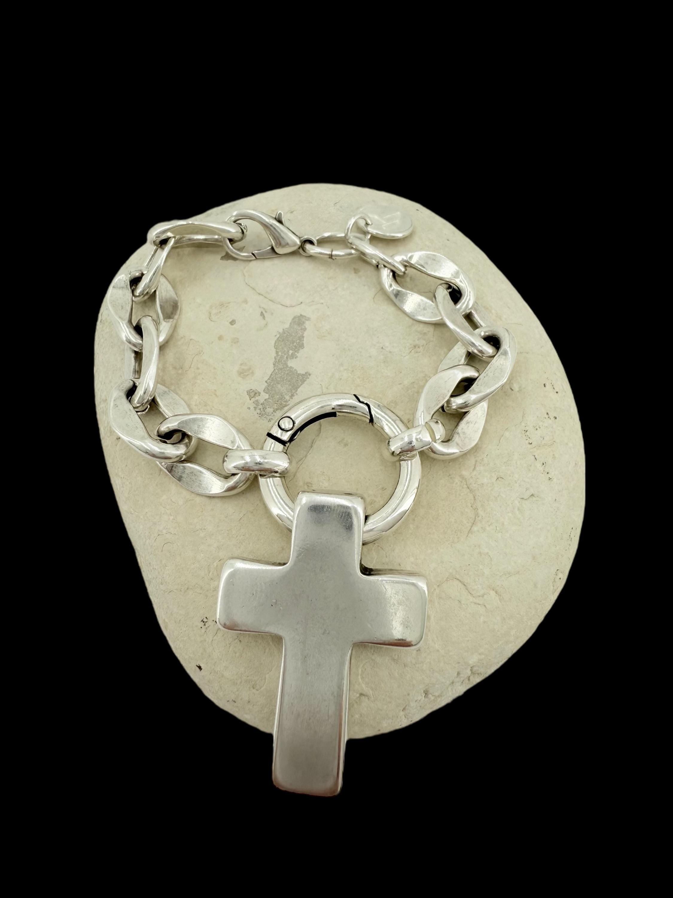 Chunky silver chain bracelet with bold cross pendant, handmade customized Jewelry.