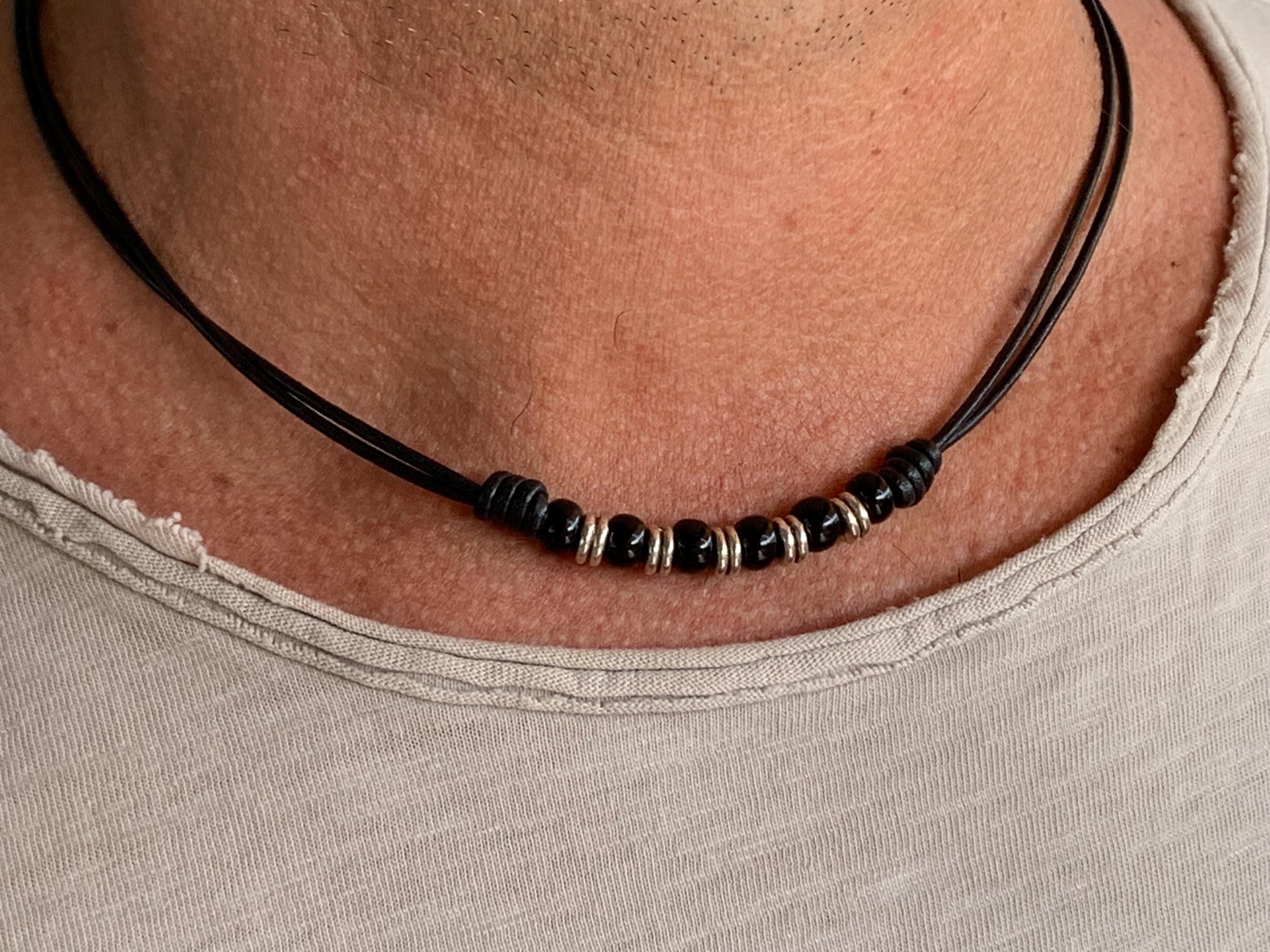 Leather necklace for men, beaded knotted choker, bohemian jewelry