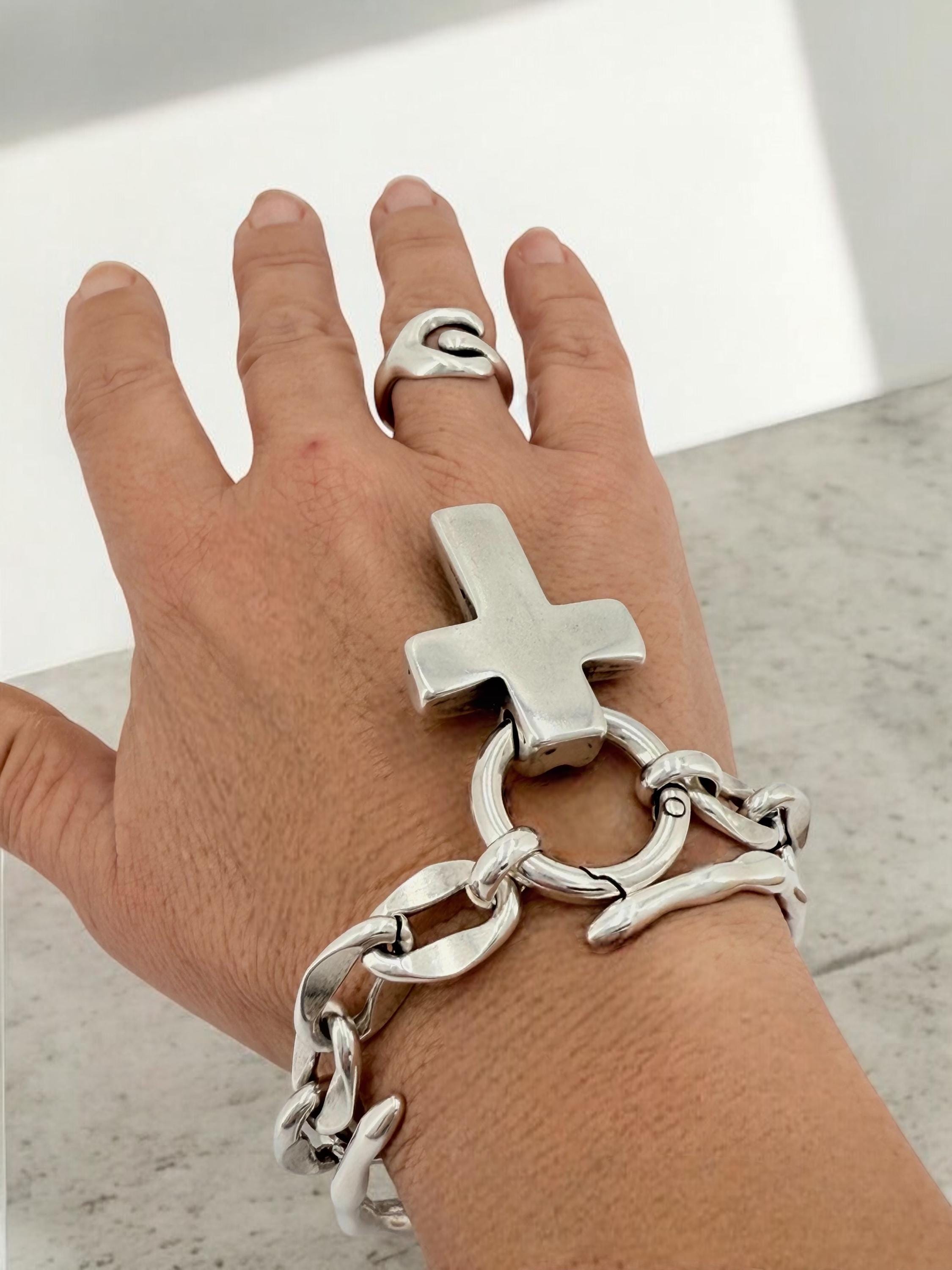 Chunky silver chain bracelet with bold cross pendant, handmade customized Jewelry.