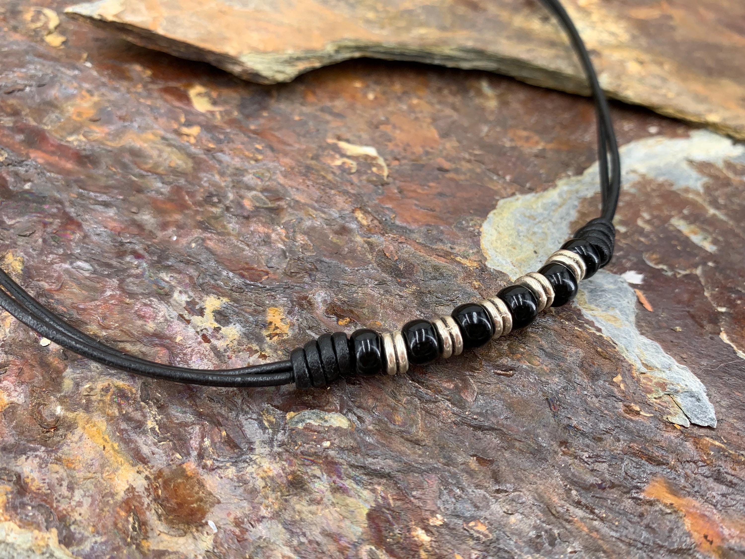 Leather necklace for men, beaded knotted choker, bohemian jewelry