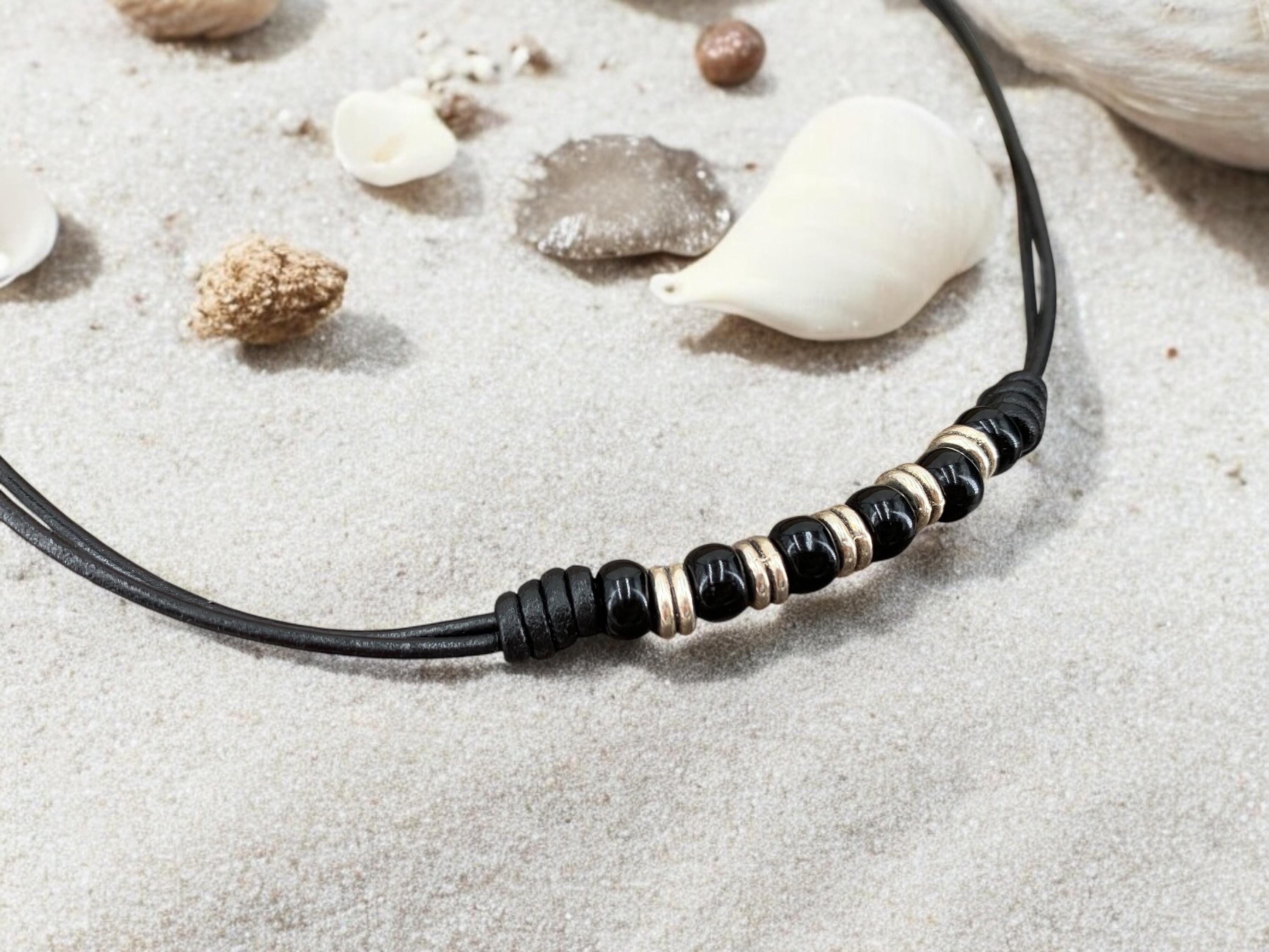 Leather necklace for men, beaded knotted choker, bohemian jewelry