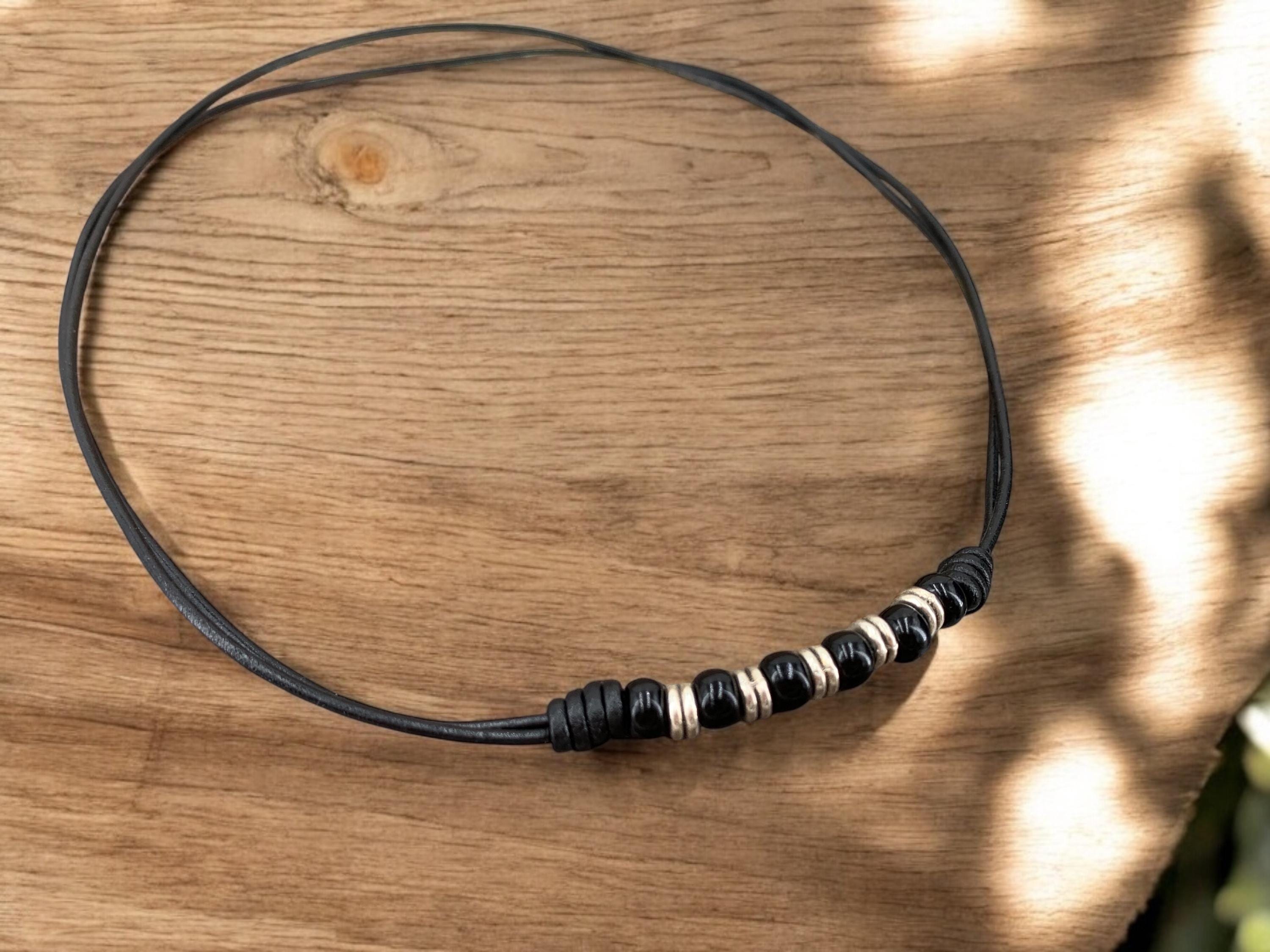 Leather necklace for men, beaded knotted choker, bohemian jewelry