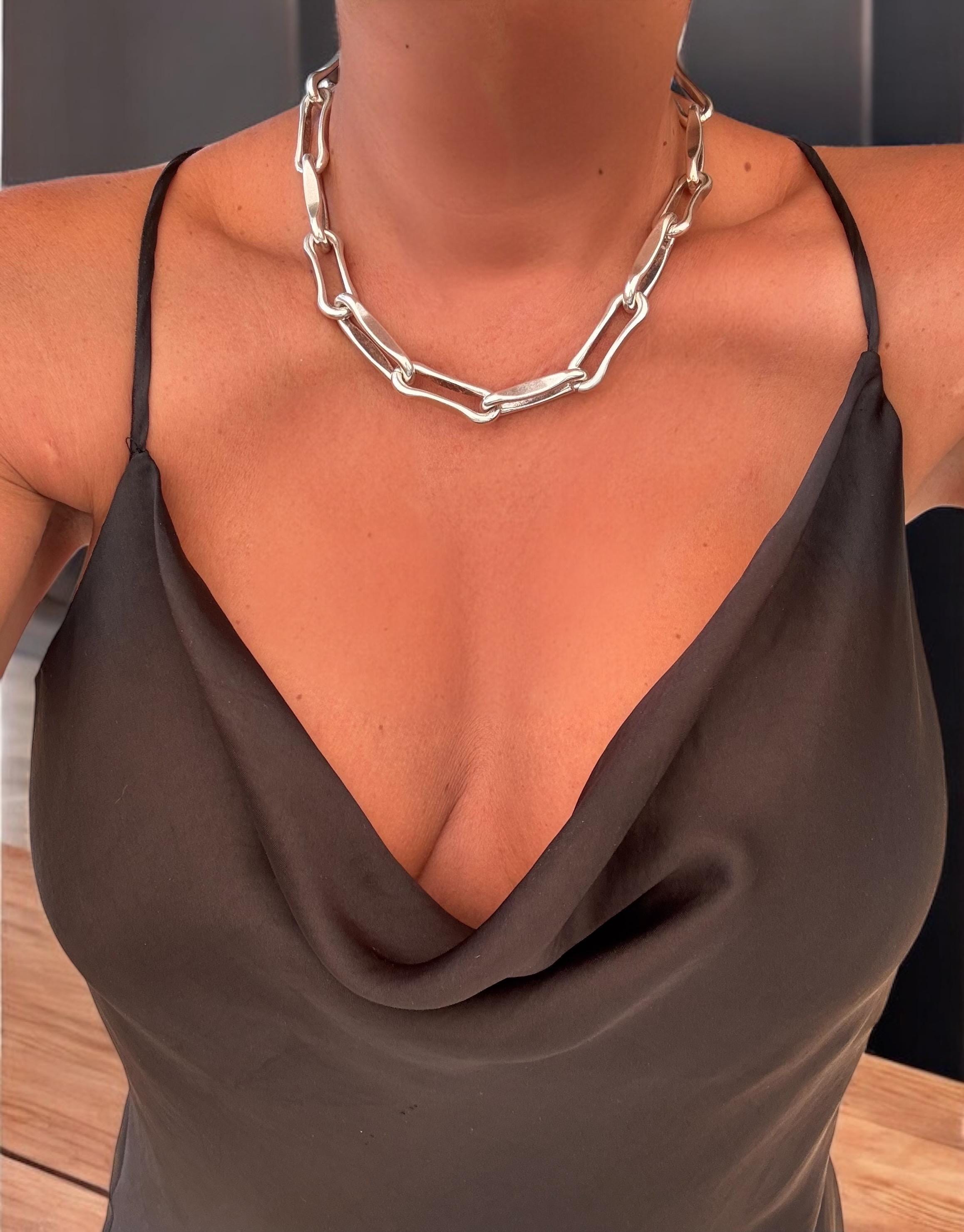 Chunky silver plated geometric links Chain Necklace, Bold  jewelry