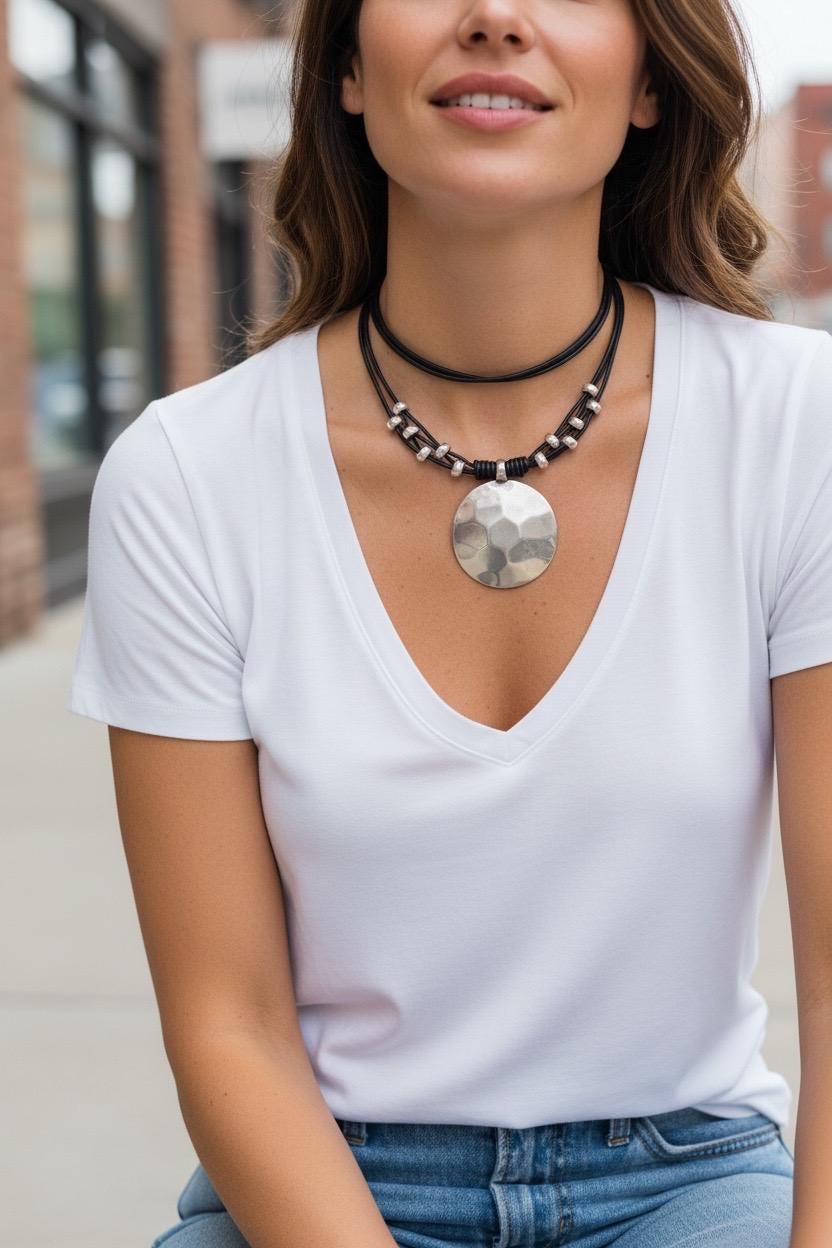 Chunky silver plated hammered circle pendant leather necklace, bold handmade jewelry