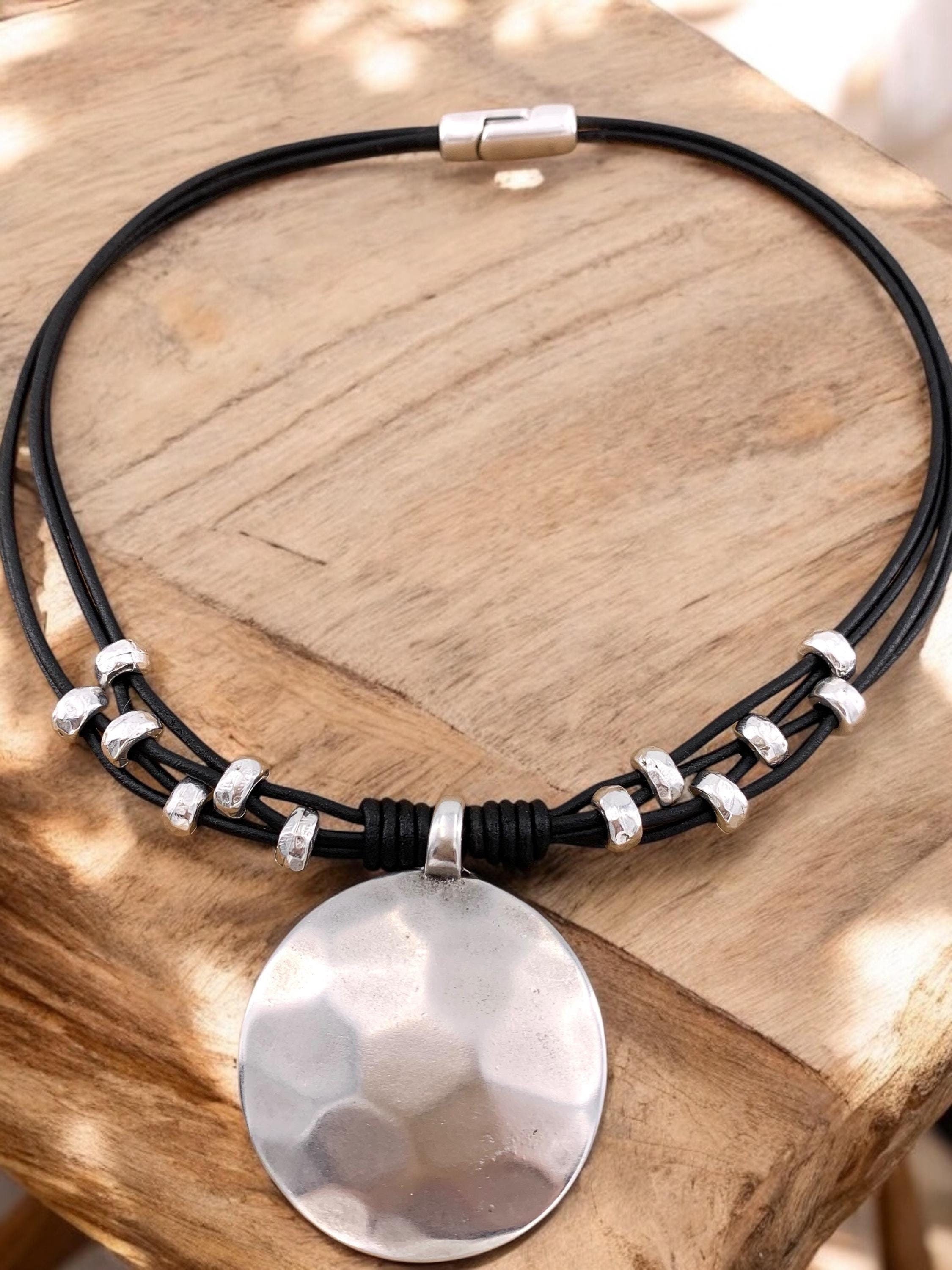 Chunky silver plated hammered circle pendant leather necklace, bold handmade jewelry