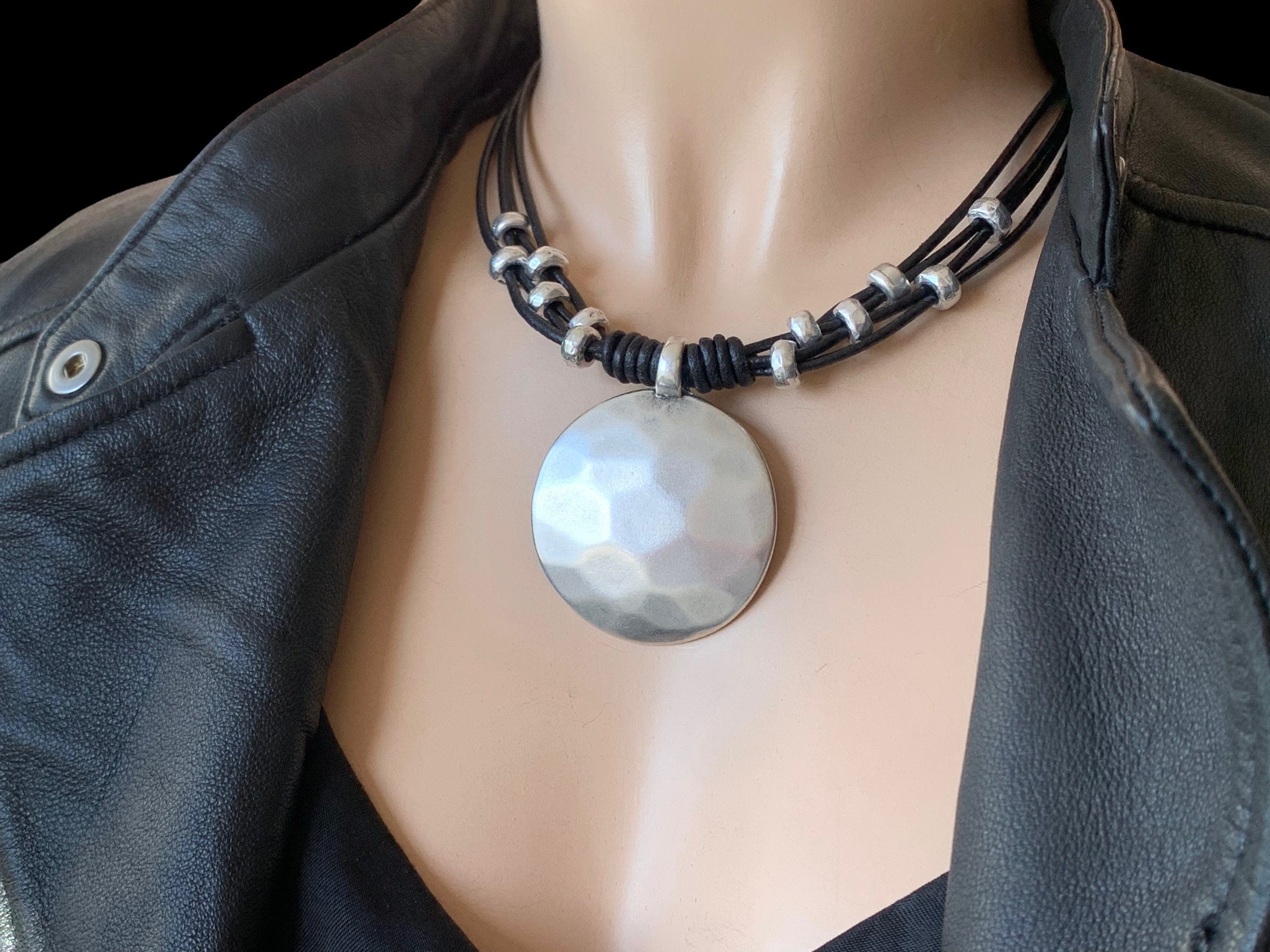 Chunky silver plated hammered circle pendant leather necklace, bold handmade jewelry
