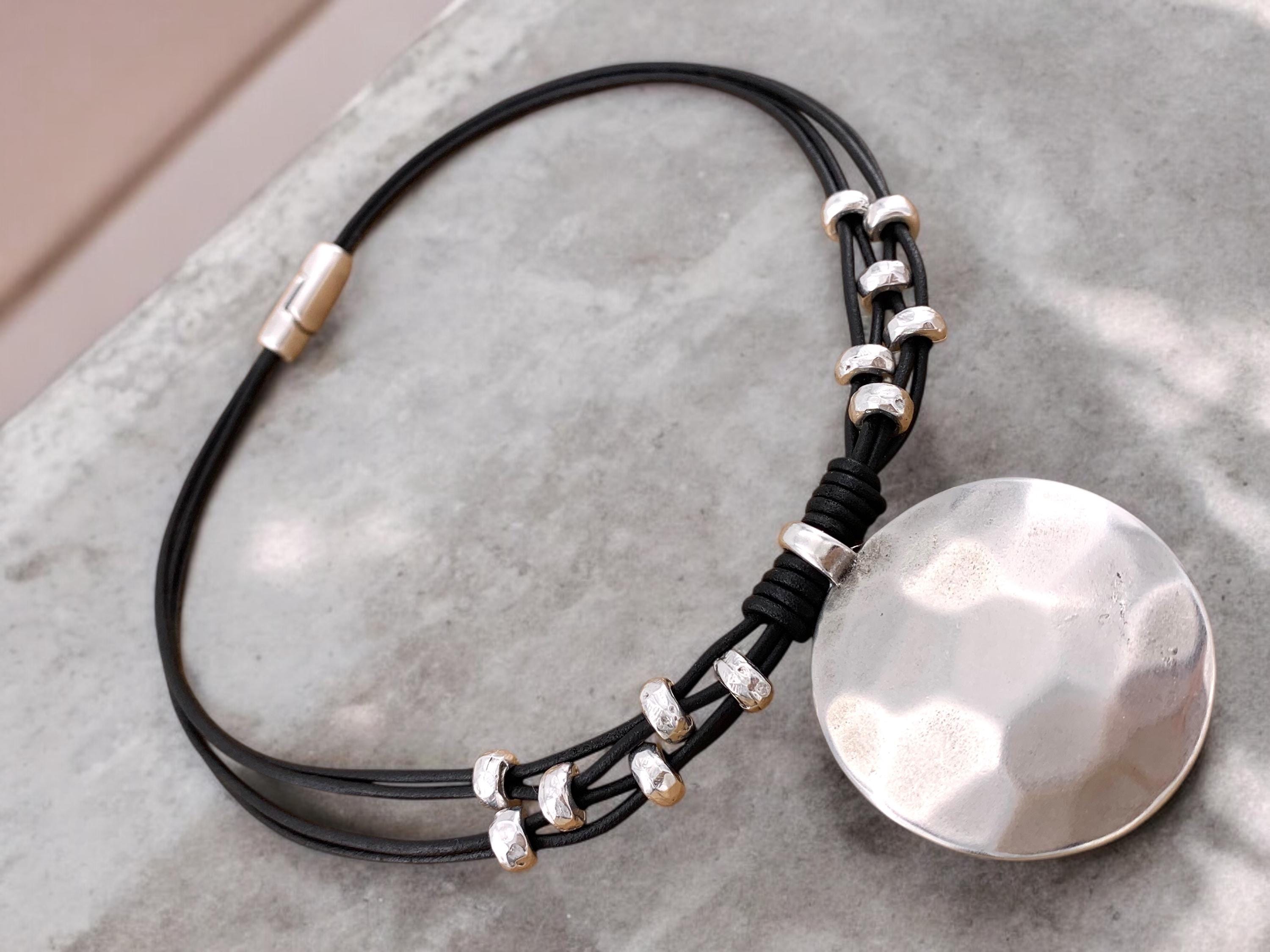 Chunky silver plated hammered circle pendant leather necklace, bold handmade jewelry