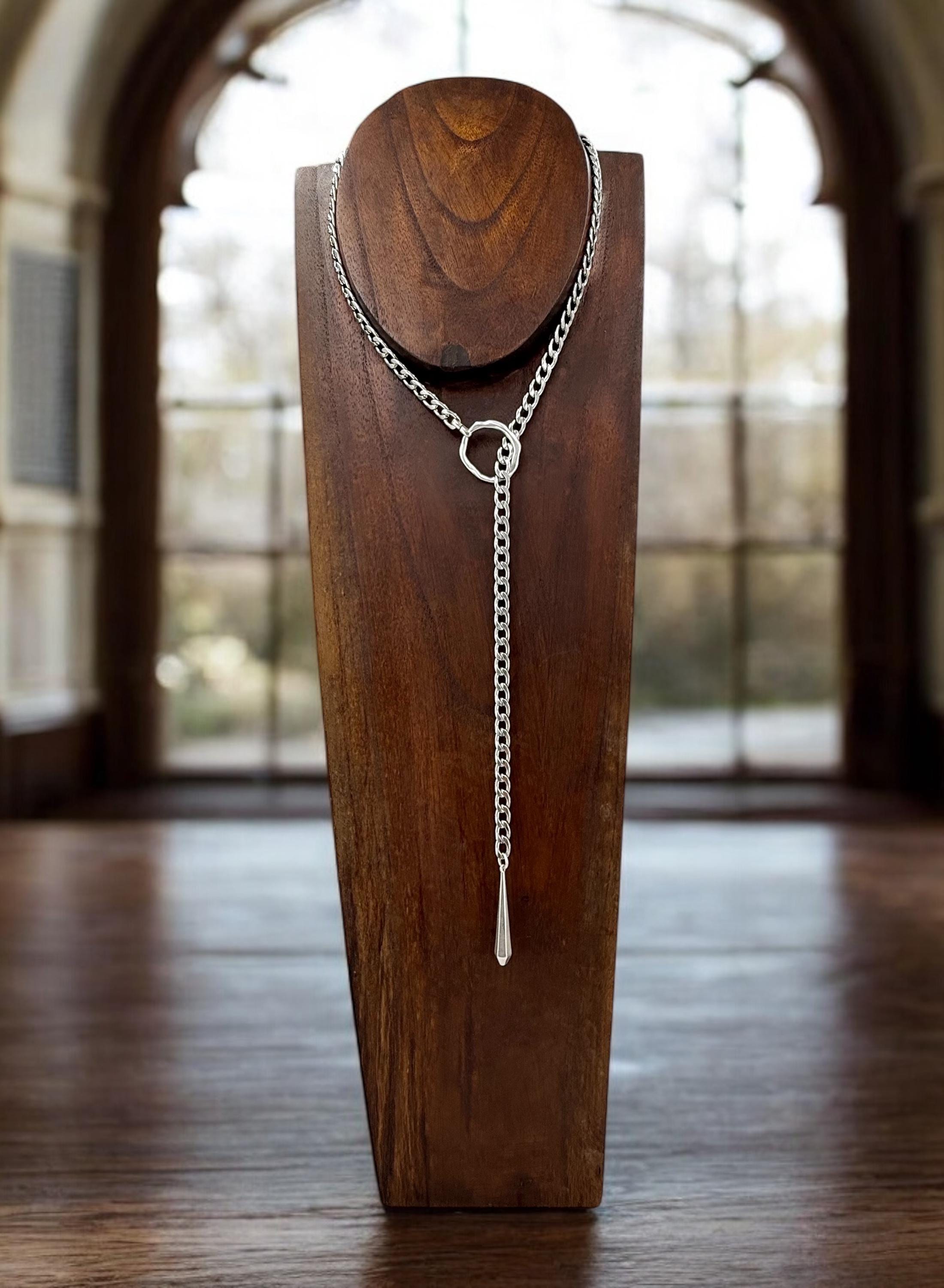 Silver antique adjustable chain Y necklace,  chunky chain silver lariat necklace, teardrop pendant layering necklace,
