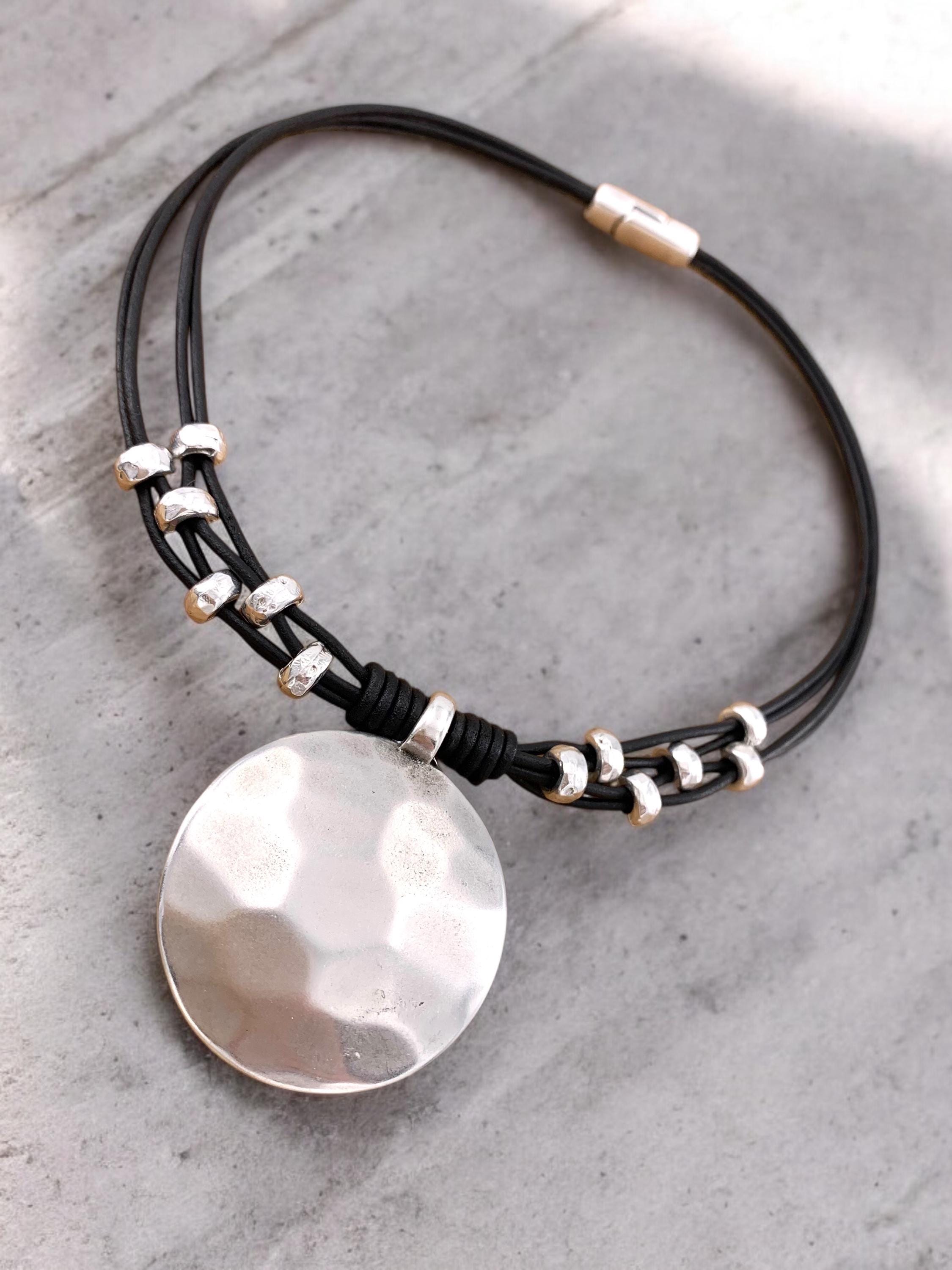 Chunky silver plated hammered circle pendant leather necklace, bold handmade jewelry