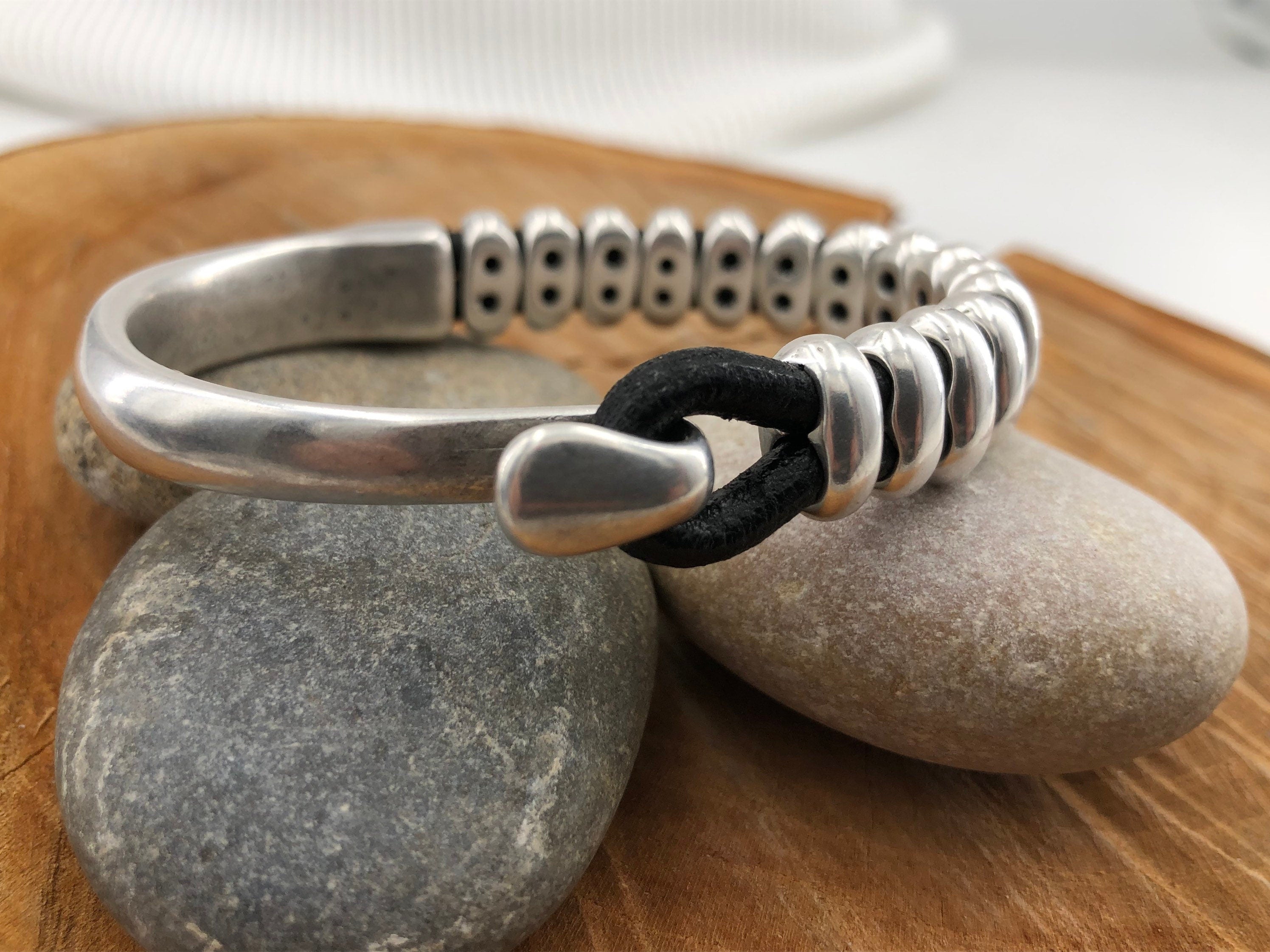 Men’s Leather Bracelet – Silver Bead Cuff – Rock & Surf Style – Industrial Unisex Jewelry – Handmade in Spain - ideal gift for him and her