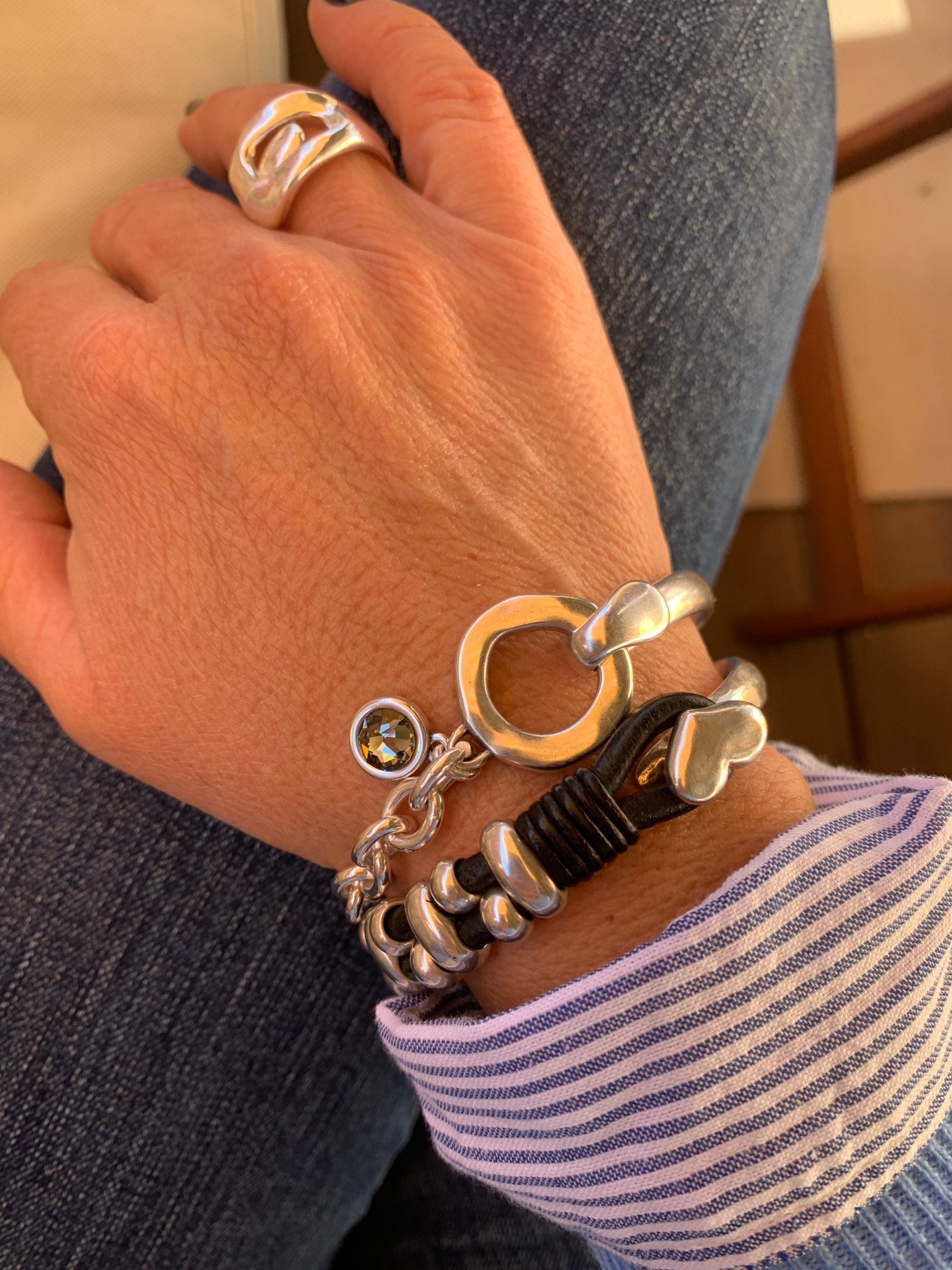 Chunky Silver Bracelet with Mixed Design Half Solid and chain Bracelet, Swarovski Crystal Charm