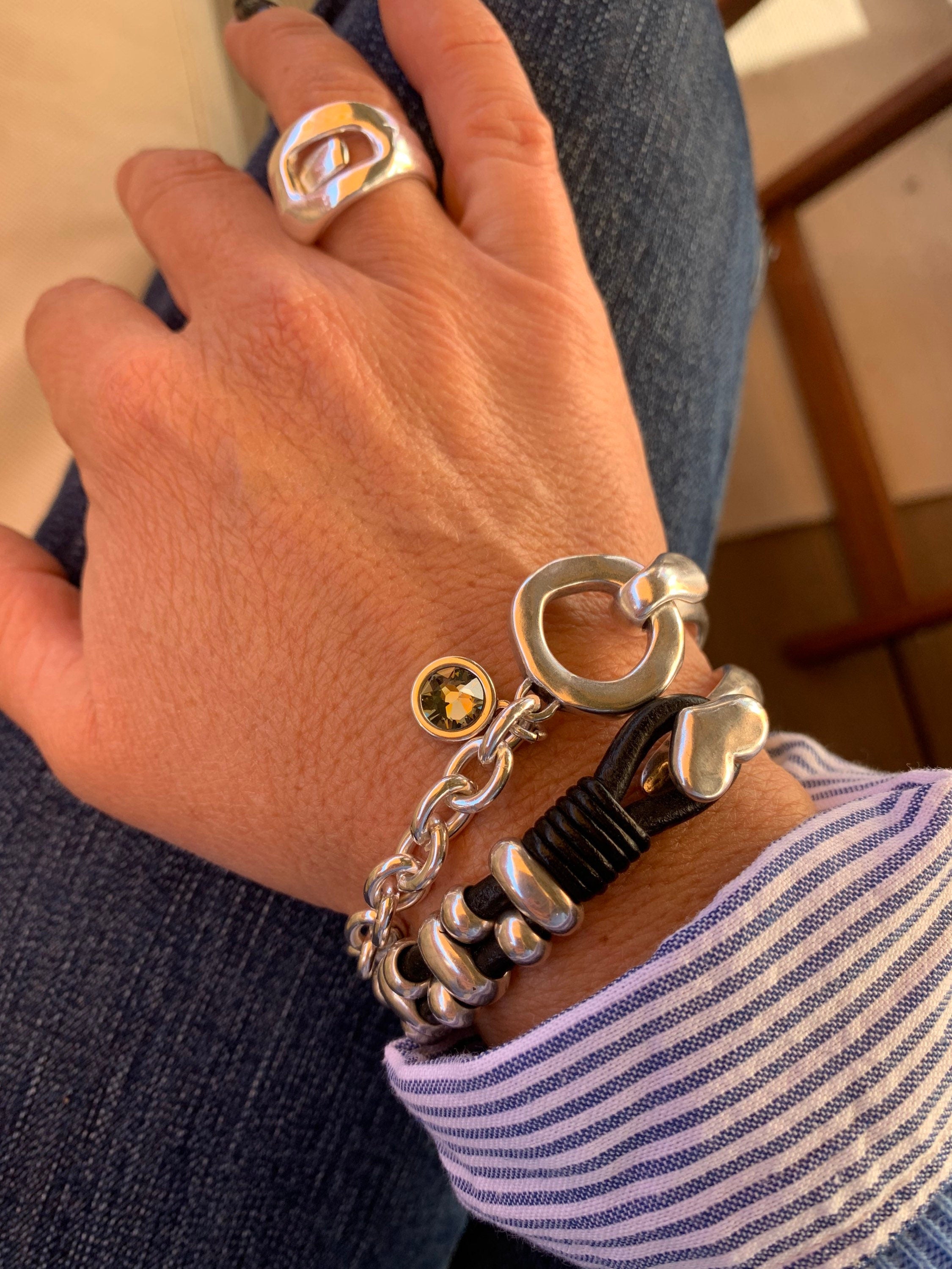 Chunky Silver Bracelet with Mixed Design Half Solid and chain Bracelet, Swarovski Crystal Charm