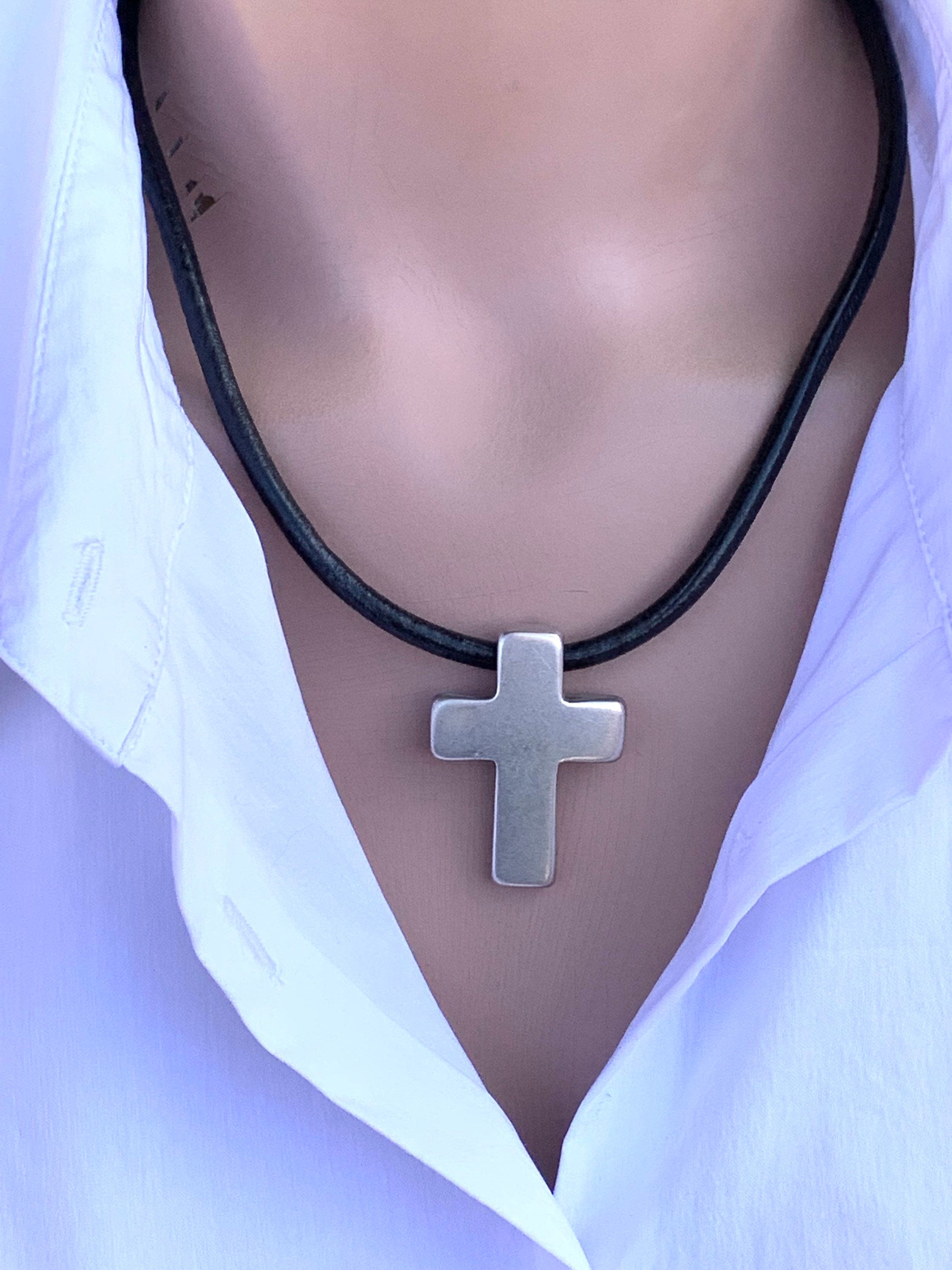 Leather Necklace with Large chunky Silver Cross – unisex rock style choker - bold Kukuri Jewelry