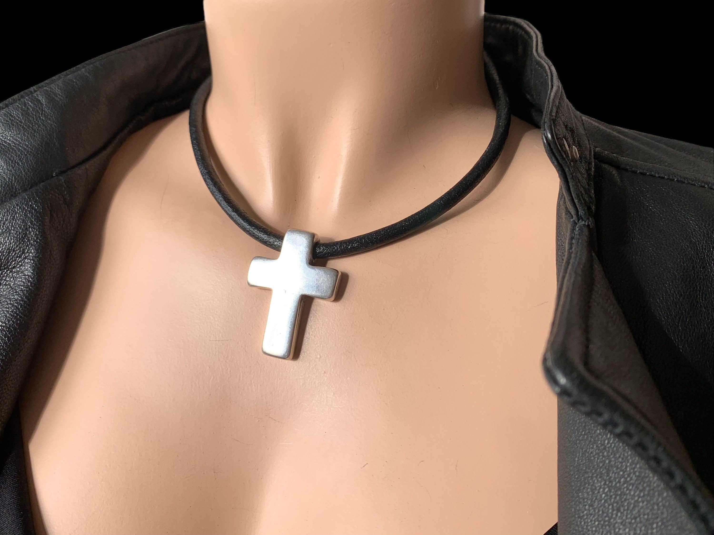 Leather Necklace with Large chunky Silver Cross – unisex rock style choker - bold Kukuri Jewelry