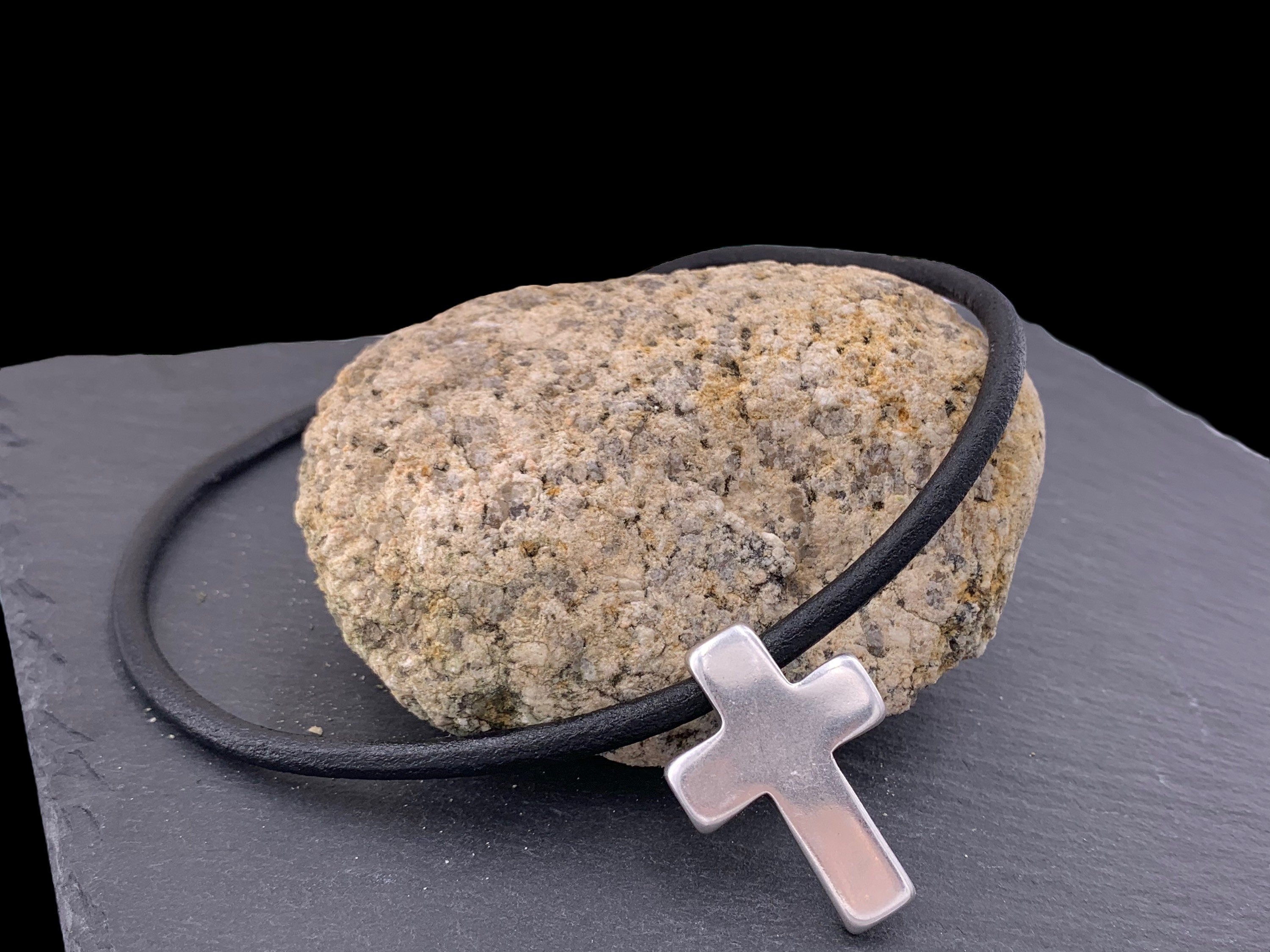 Leather Necklace with Large chunky Silver Cross – unisex rock style choker - bold Kukuri Jewelry