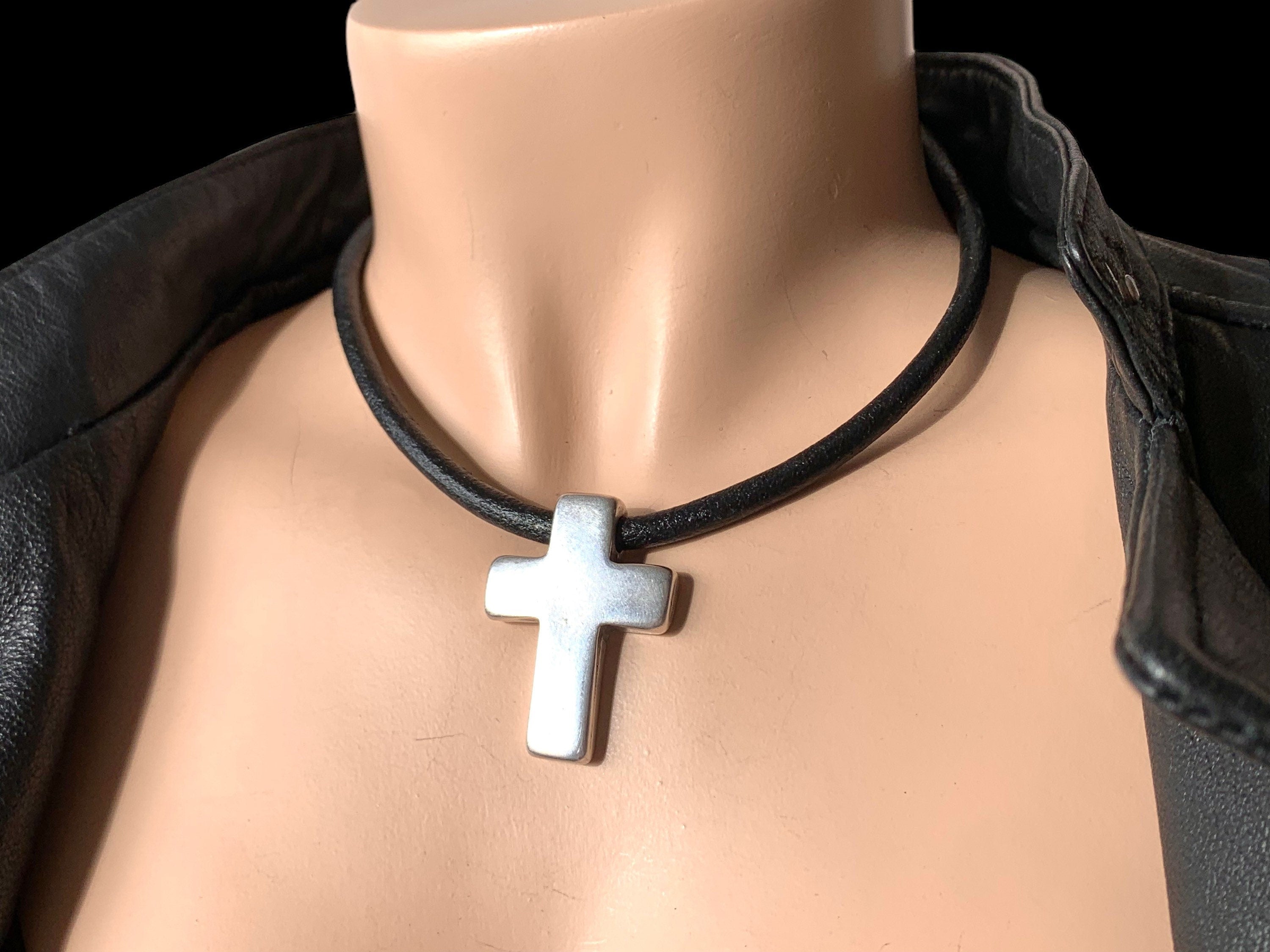 Leather Necklace with Large chunky Silver Cross – unisex rock style choker - bold Kukuri Jewelry