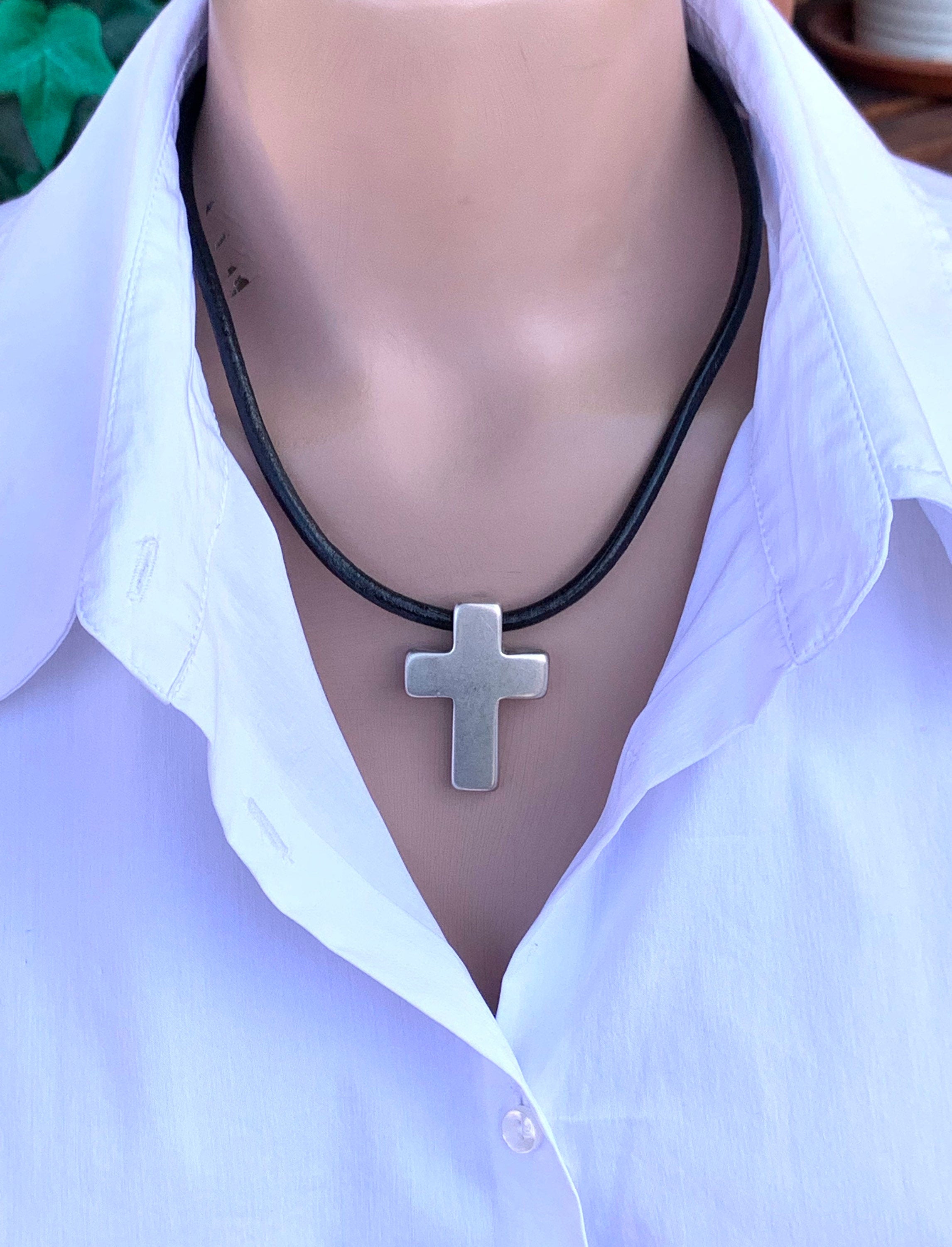 Leather Necklace with Large chunky Silver Cross – unisex rock style choker - bold Kukuri Jewelry