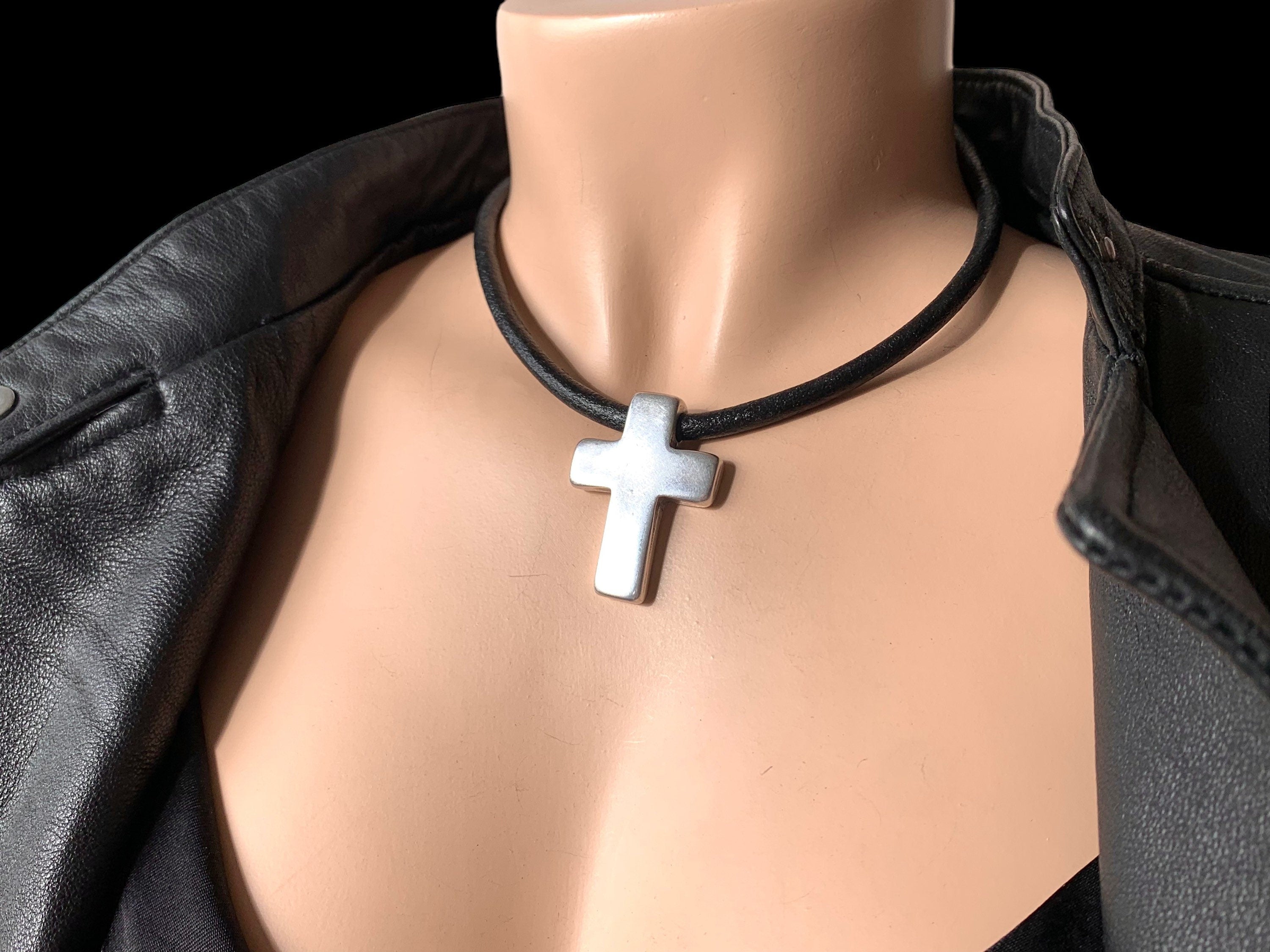 Leather Necklace with Large chunky Silver Cross – unisex rock style choker - bold Kukuri Jewelry