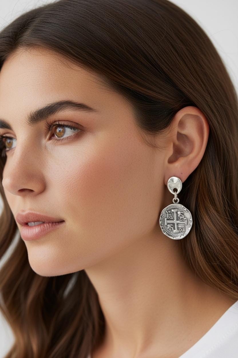 Silver plated drop coin earrings lightweight medieval style statement earrings