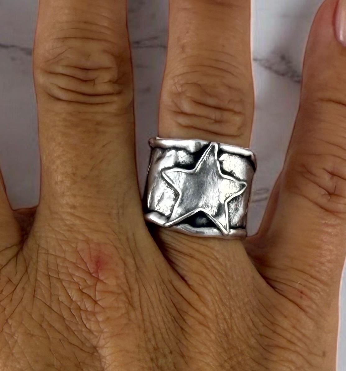 Chunky Silver Star Ring – Handmade Statement Band of with Textured Sculptural Finish, wide matte silver open ring,  Style