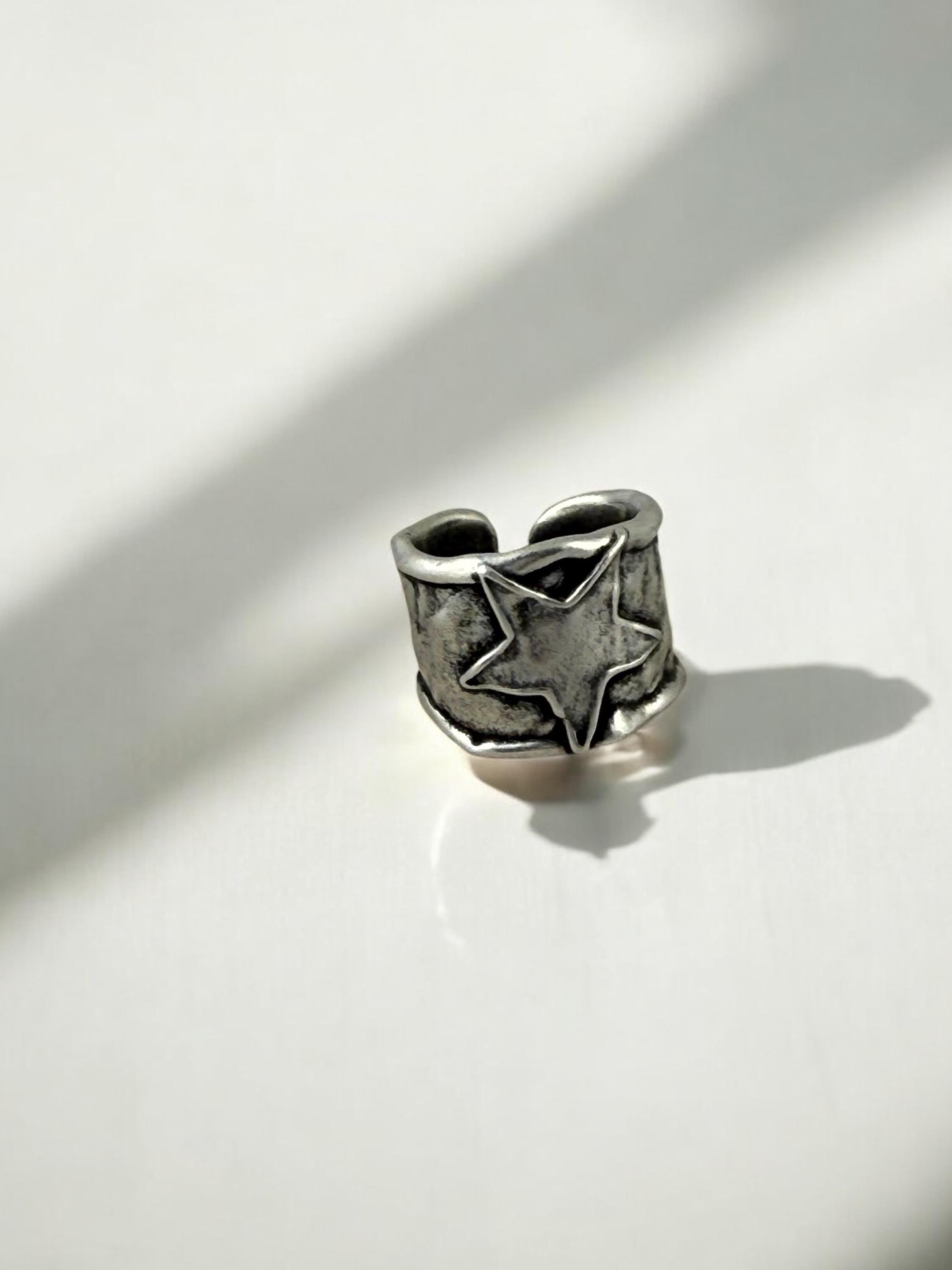 Chunky Silver Star Ring – Handmade Statement Band of with Textured Sculptural Finish, wide matte silver open ring,  Style