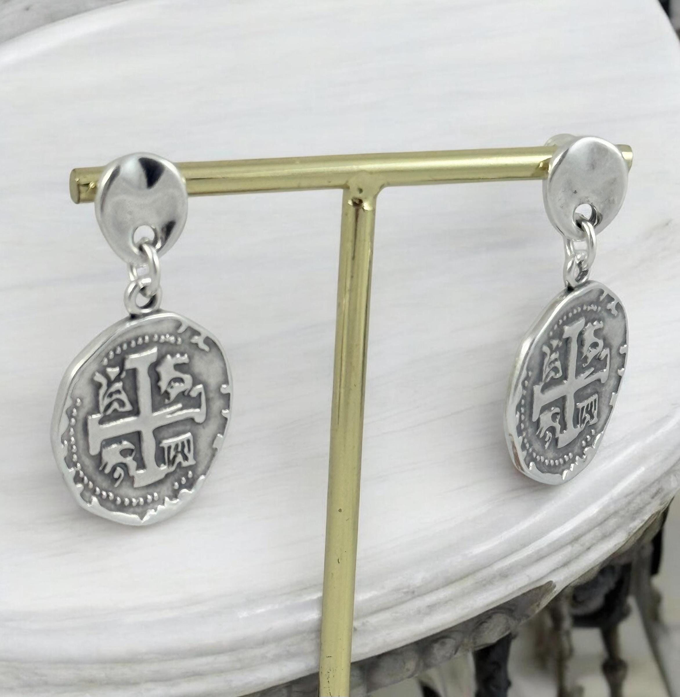 Silver plated drop coin earrings lightweight medieval style statement earrings