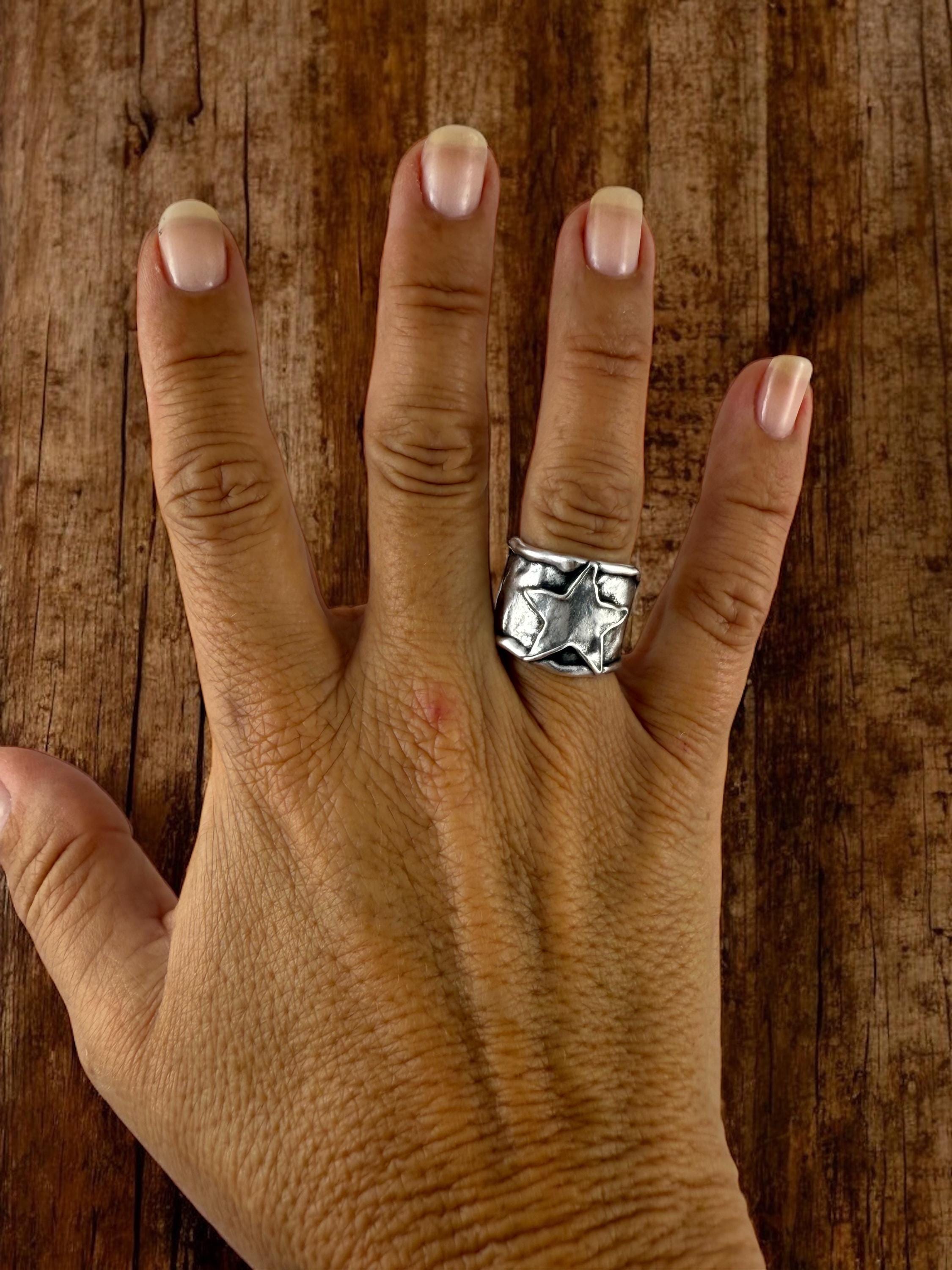 Chunky Silver Star Ring – Handmade Statement Band of with Textured Sculptural Finish, wide matte silver open ring,  Style