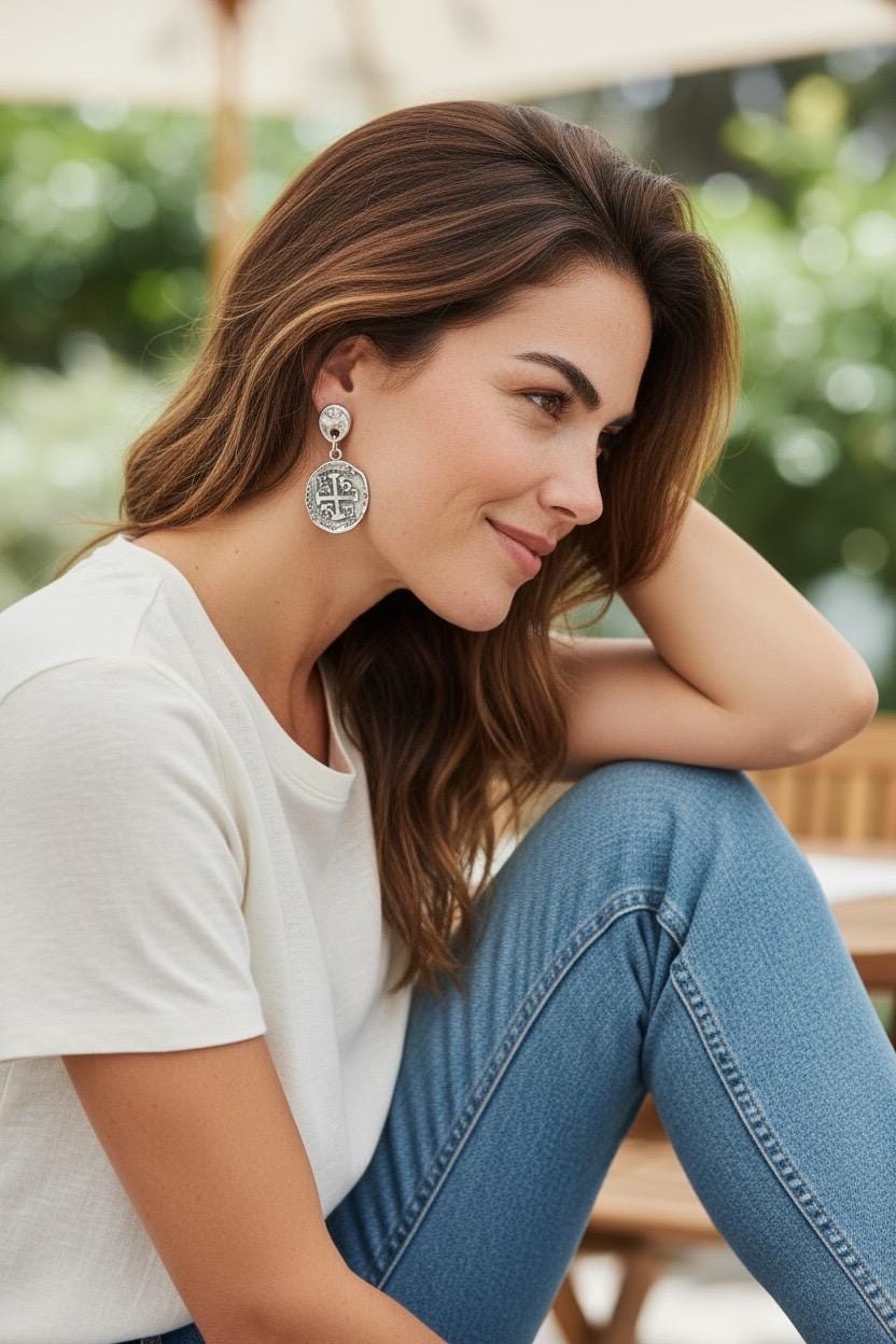 Silver plated drop coin earrings lightweight medieval style statement earrings