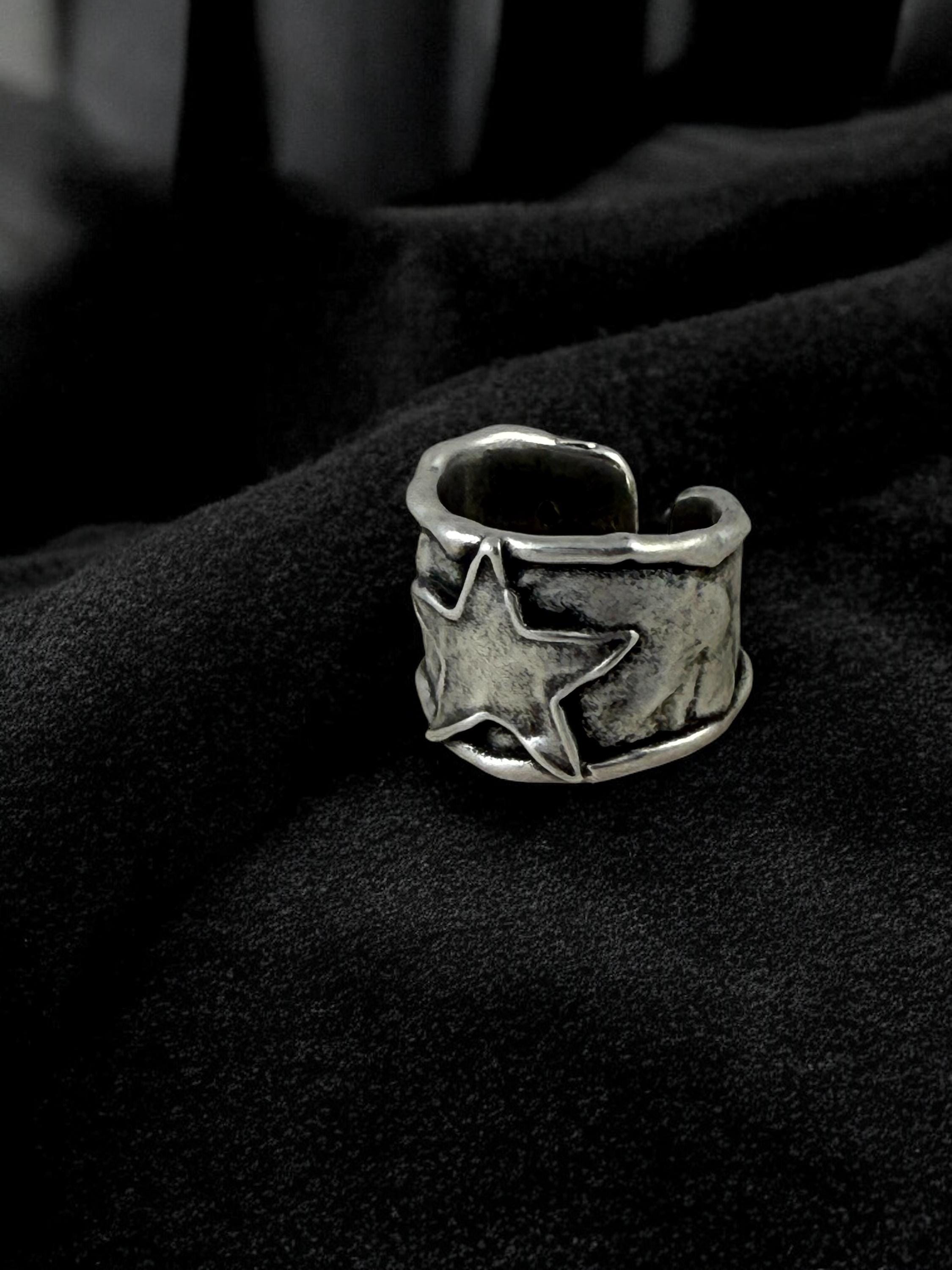 Chunky Silver Star Ring – Handmade Statement Band of with Textured Sculptural Finish, wide matte silver open ring,  Style
