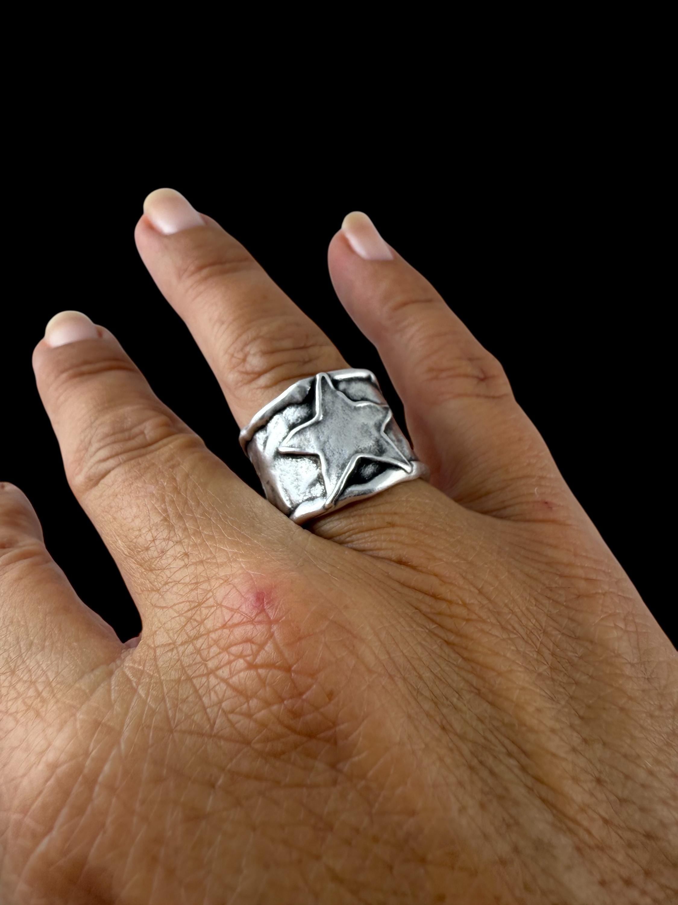 Chunky Silver Star Ring – Handmade Statement Band of with Textured Sculptural Finish, wide matte silver open ring,  Style