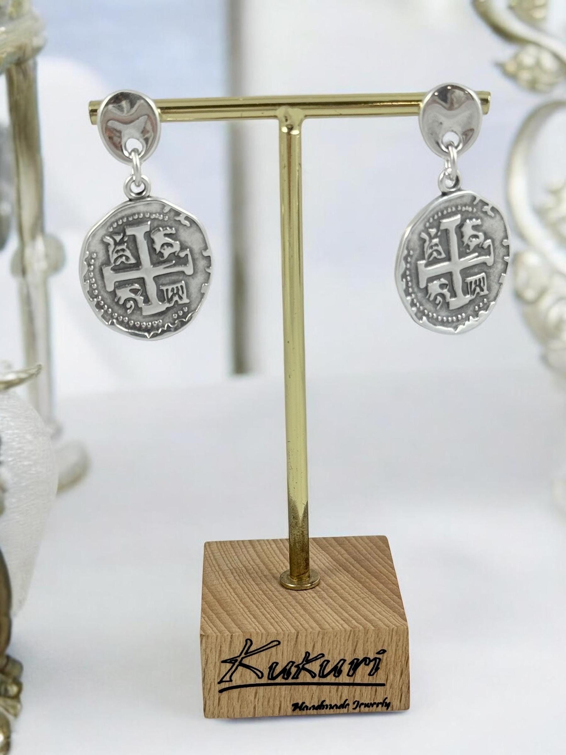 Silver plated drop coin earrings lightweight medieval style statement earrings