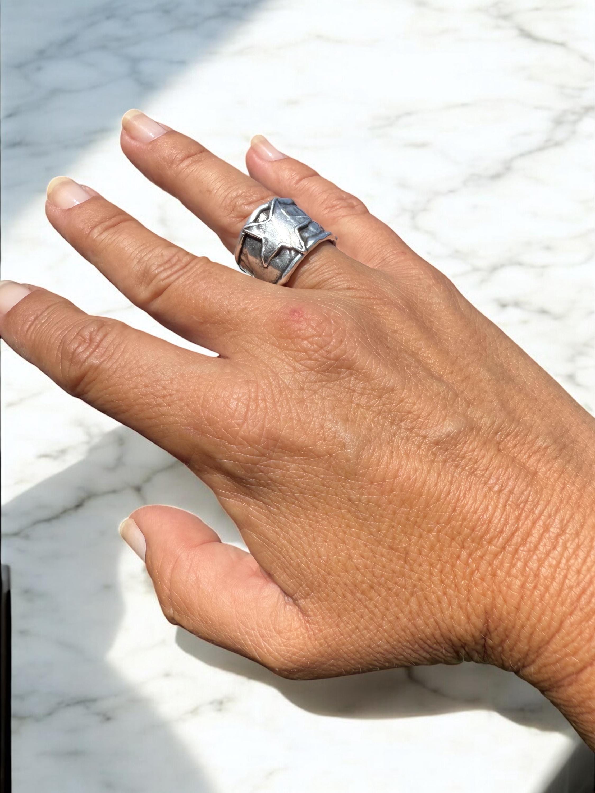 Chunky Silver Star Ring – Handmade Statement Band of with Textured Sculptural Finish, wide matte silver open ring,  Style