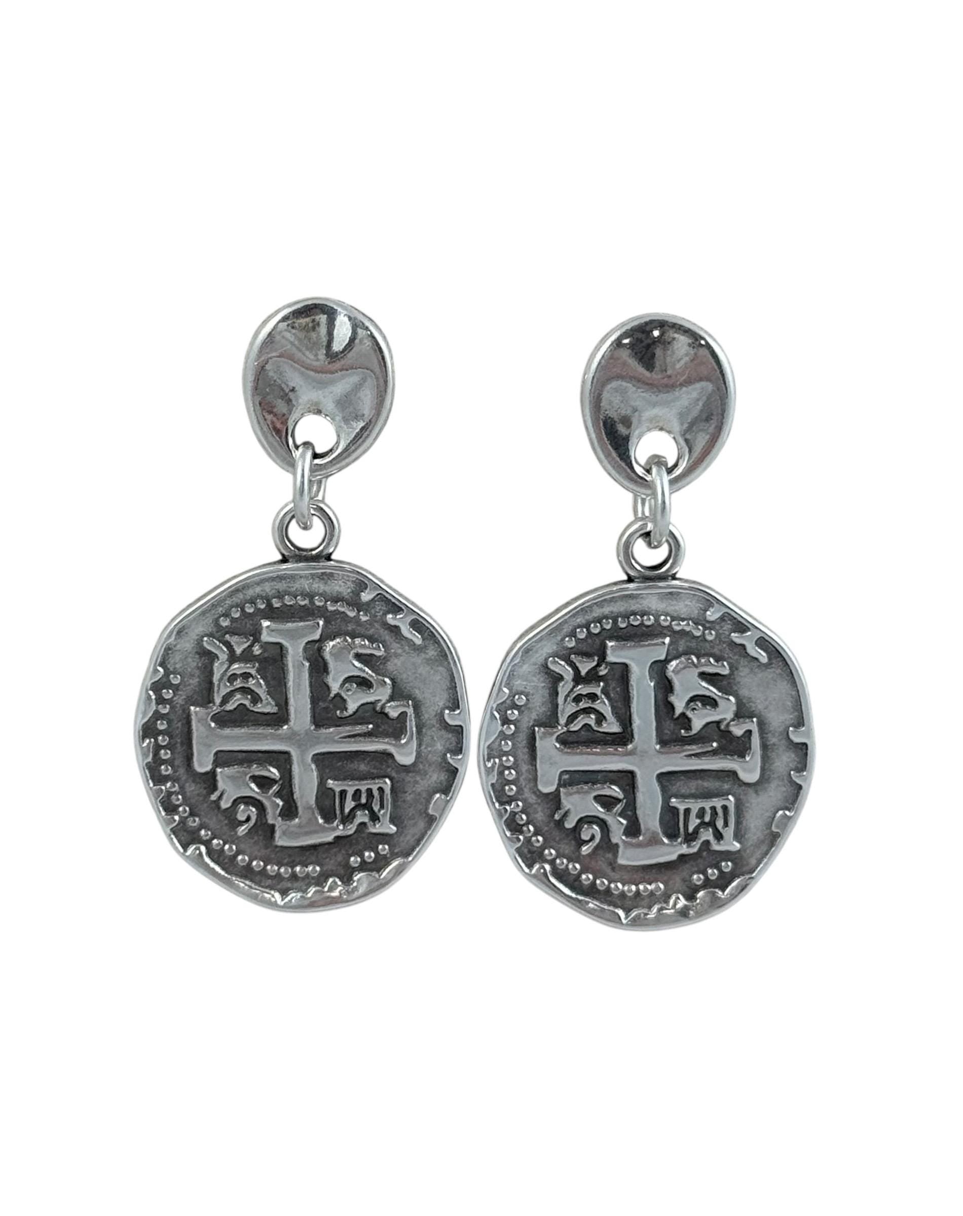 Silver plated drop coin earrings lightweight medieval style statement earrings