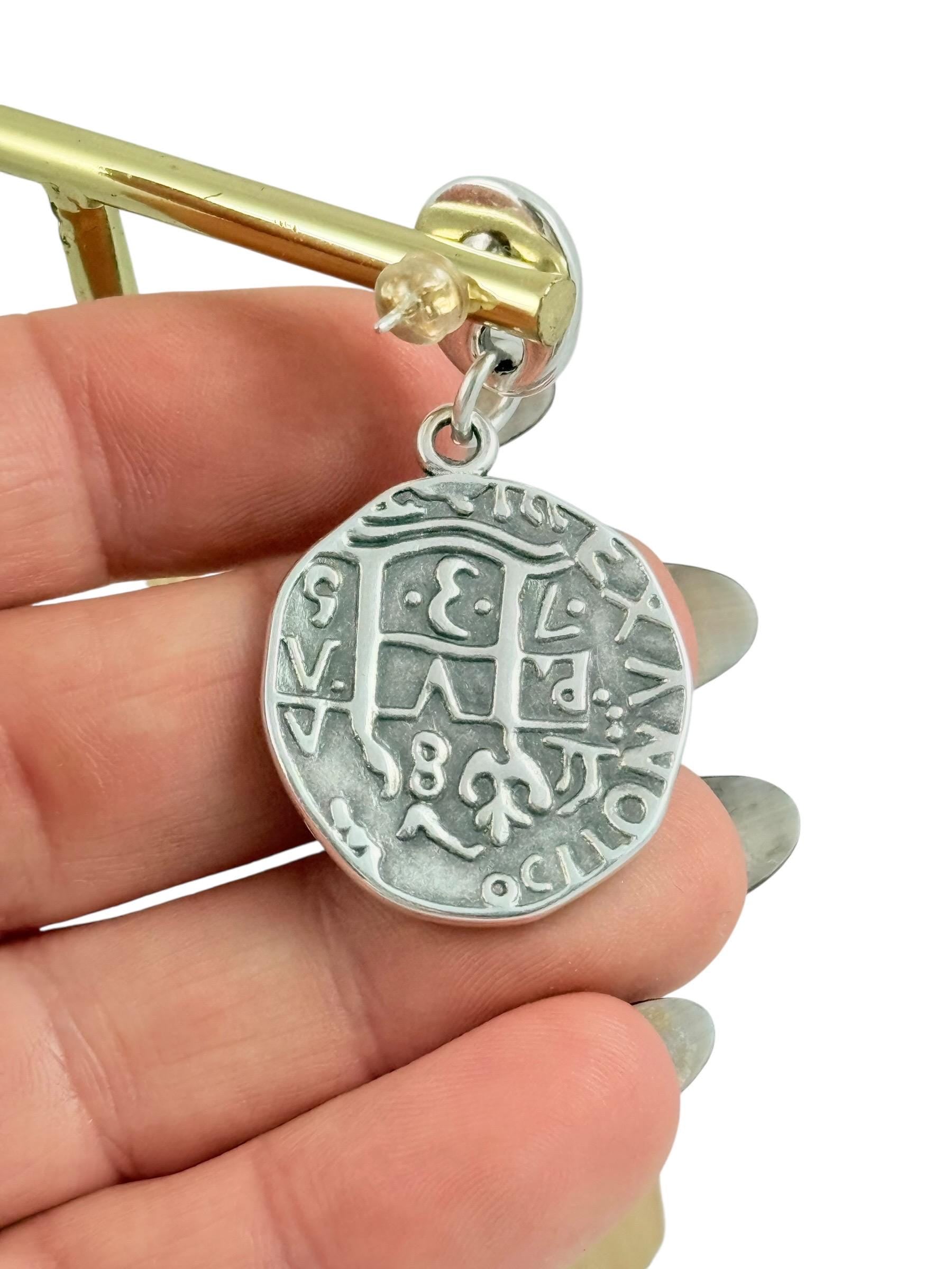 Silver plated drop coin earrings lightweight medieval style statement earrings