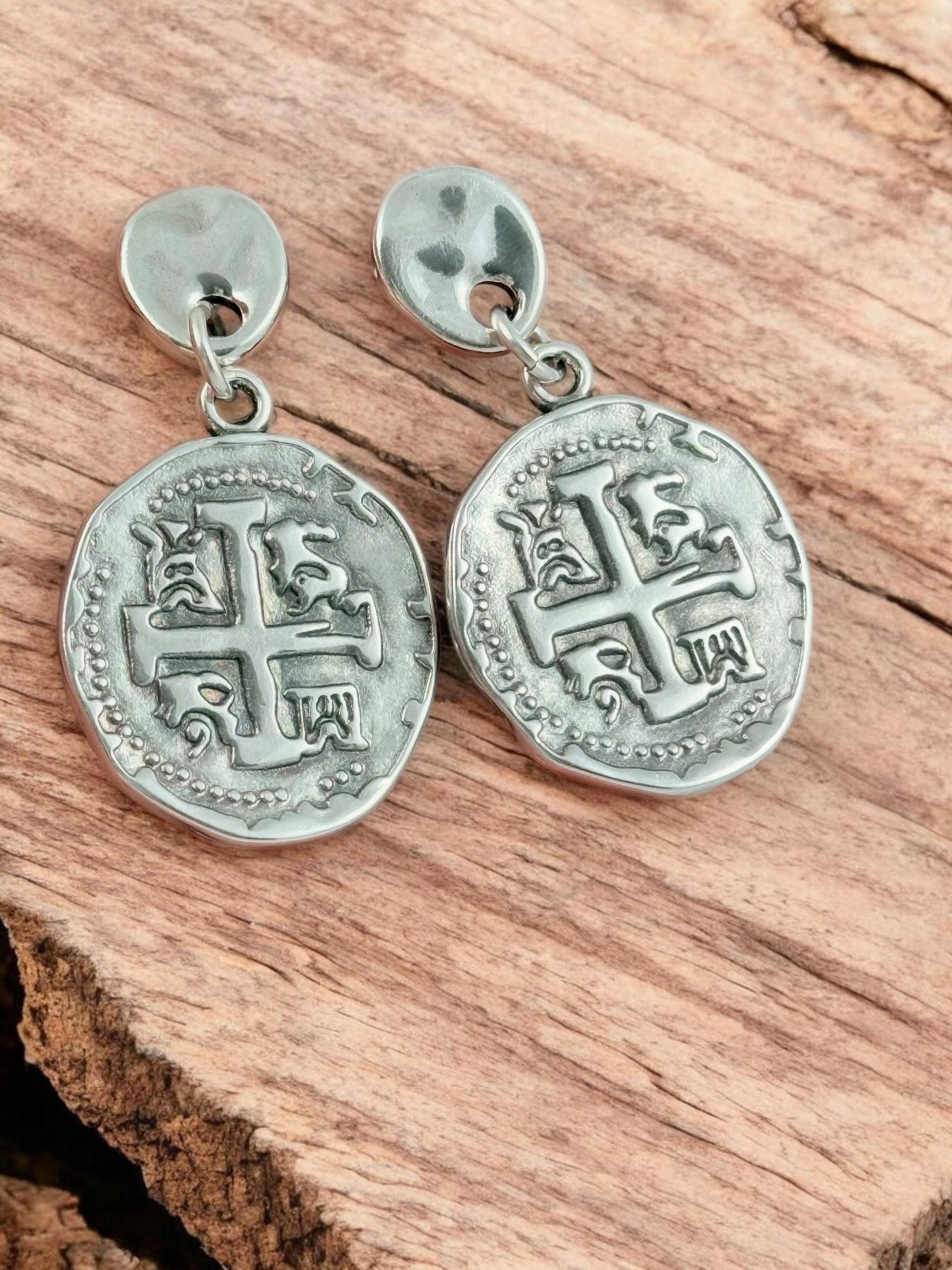 Silver plated drop coin earrings lightweight medieval style statement earrings