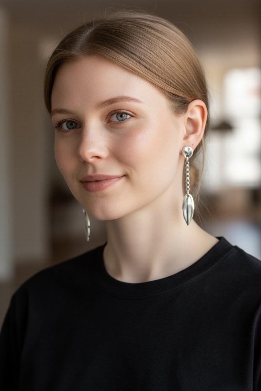 Long bohemian Silver chain and leaf drop earrings, handmade custom jewelry