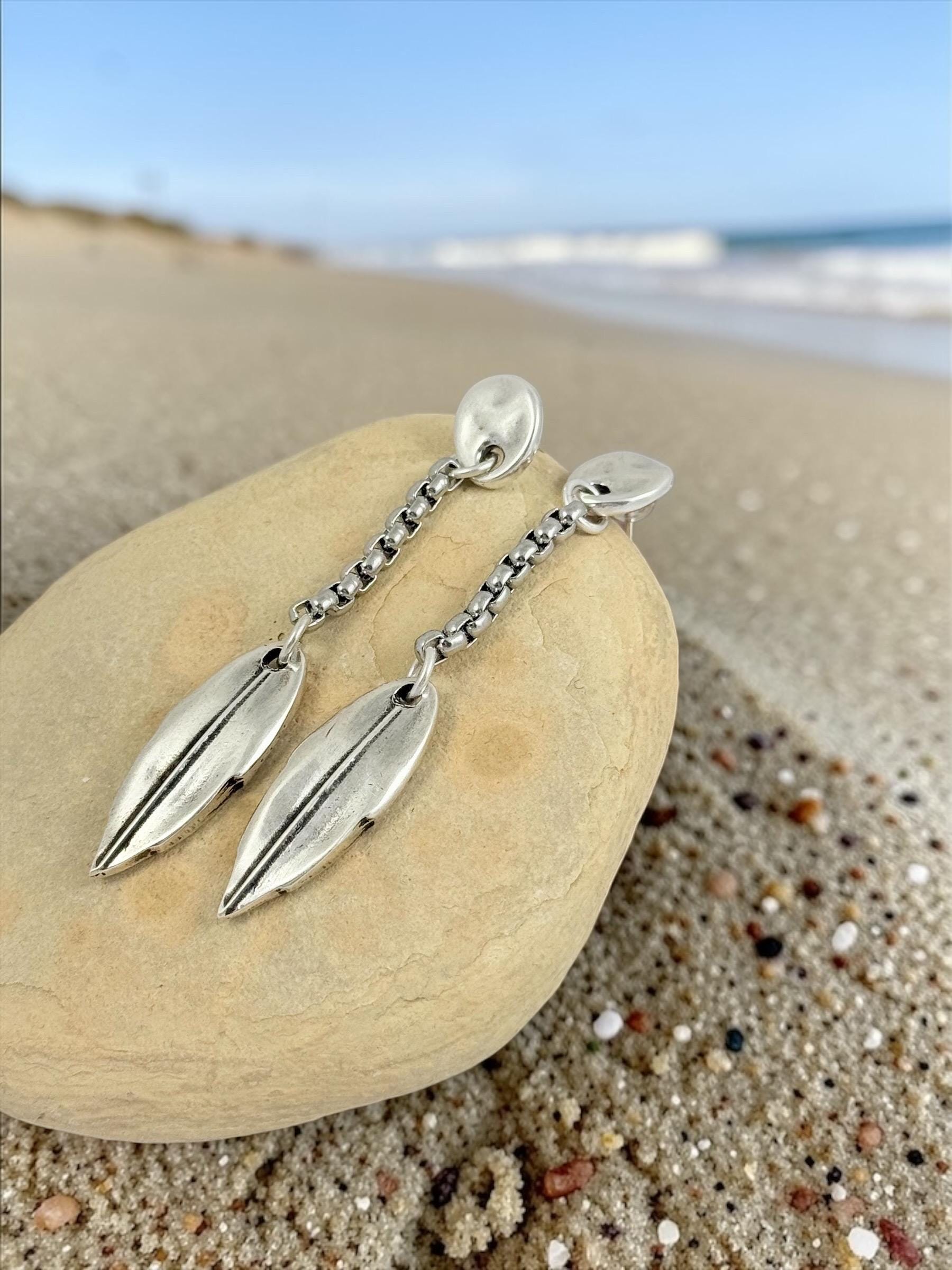 Long bohemian Silver chain and leaf drop earrings, handmade custom jewelry