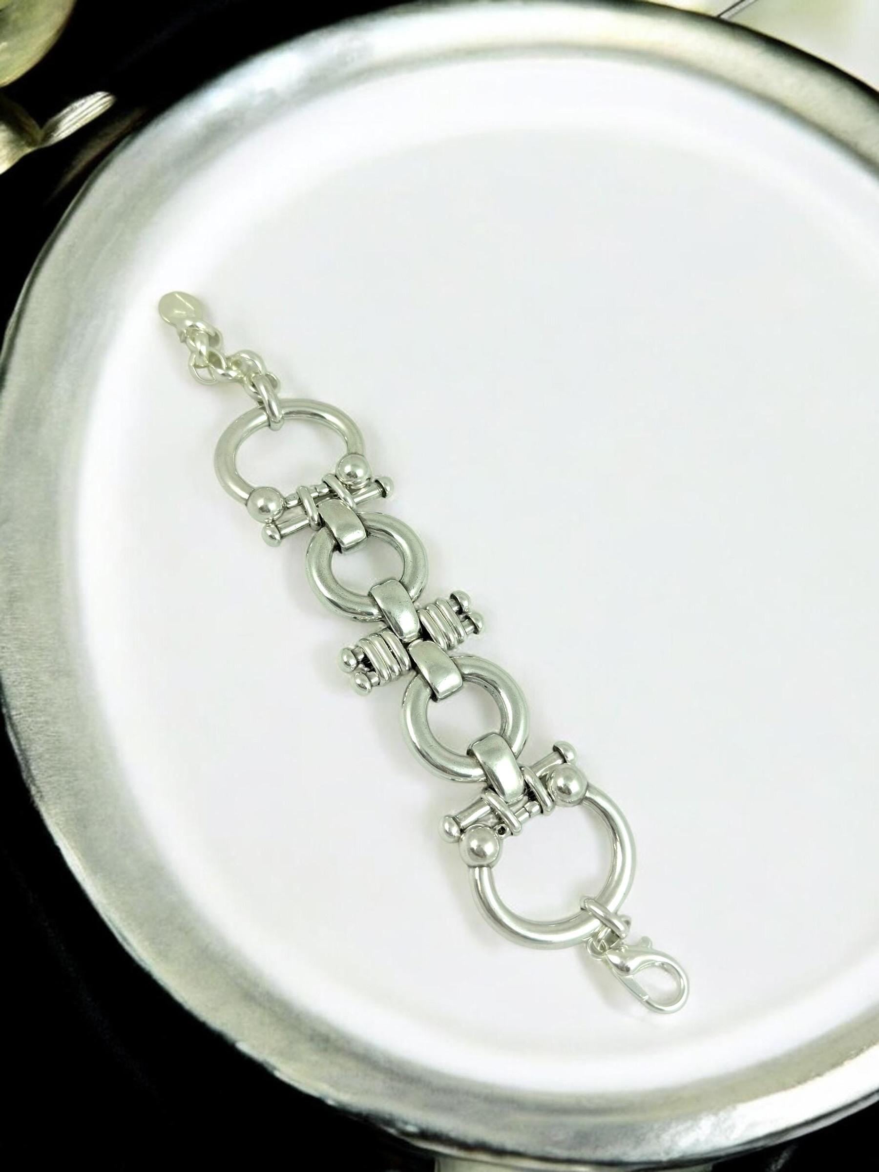 Chunky Silver Plated Equestrian Link Bracelet, Bold Statement Chain, Adjustable Fit for larger wrist