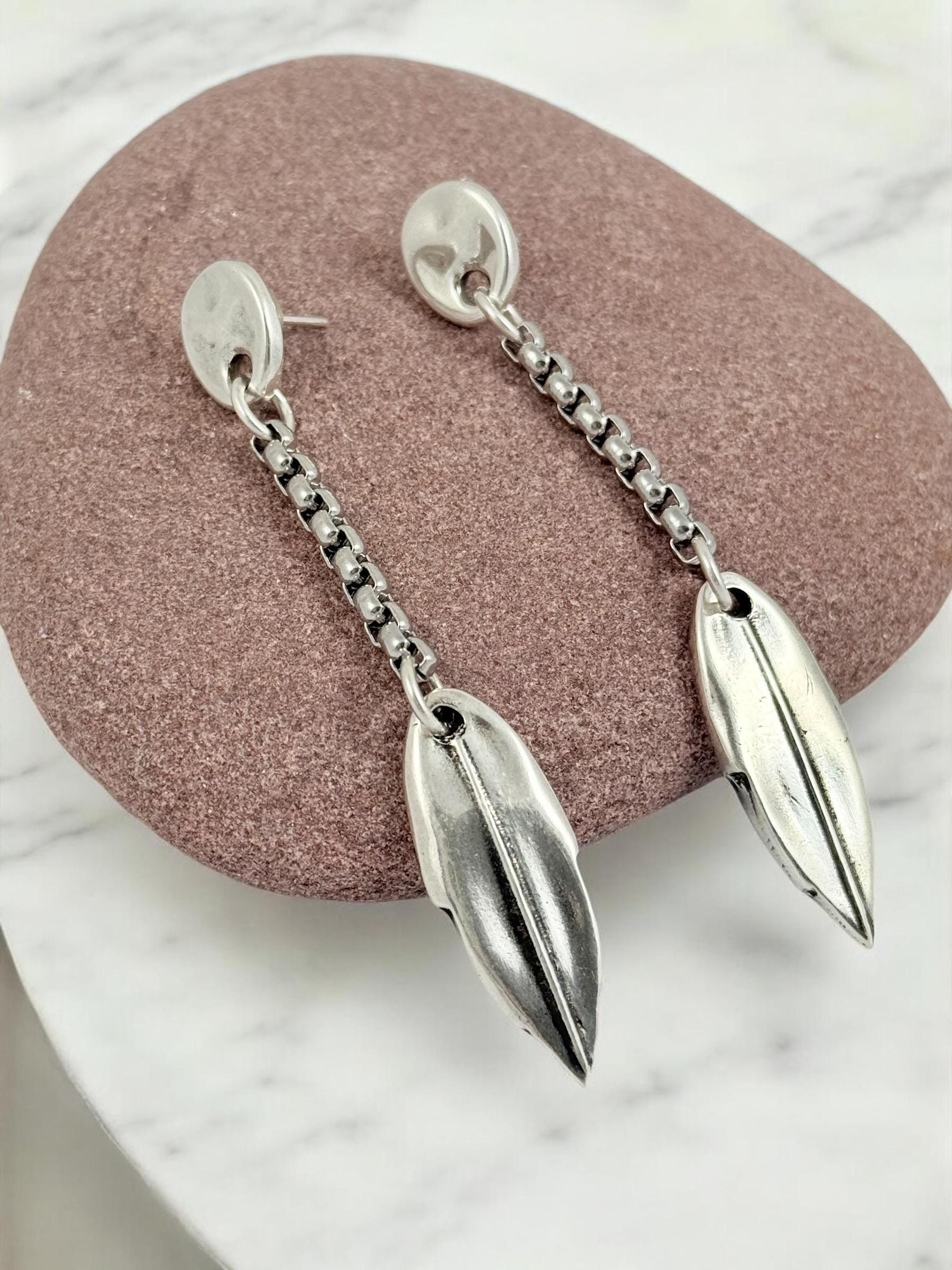 Long bohemian Silver chain and leaf drop earrings, handmade custom jewelry