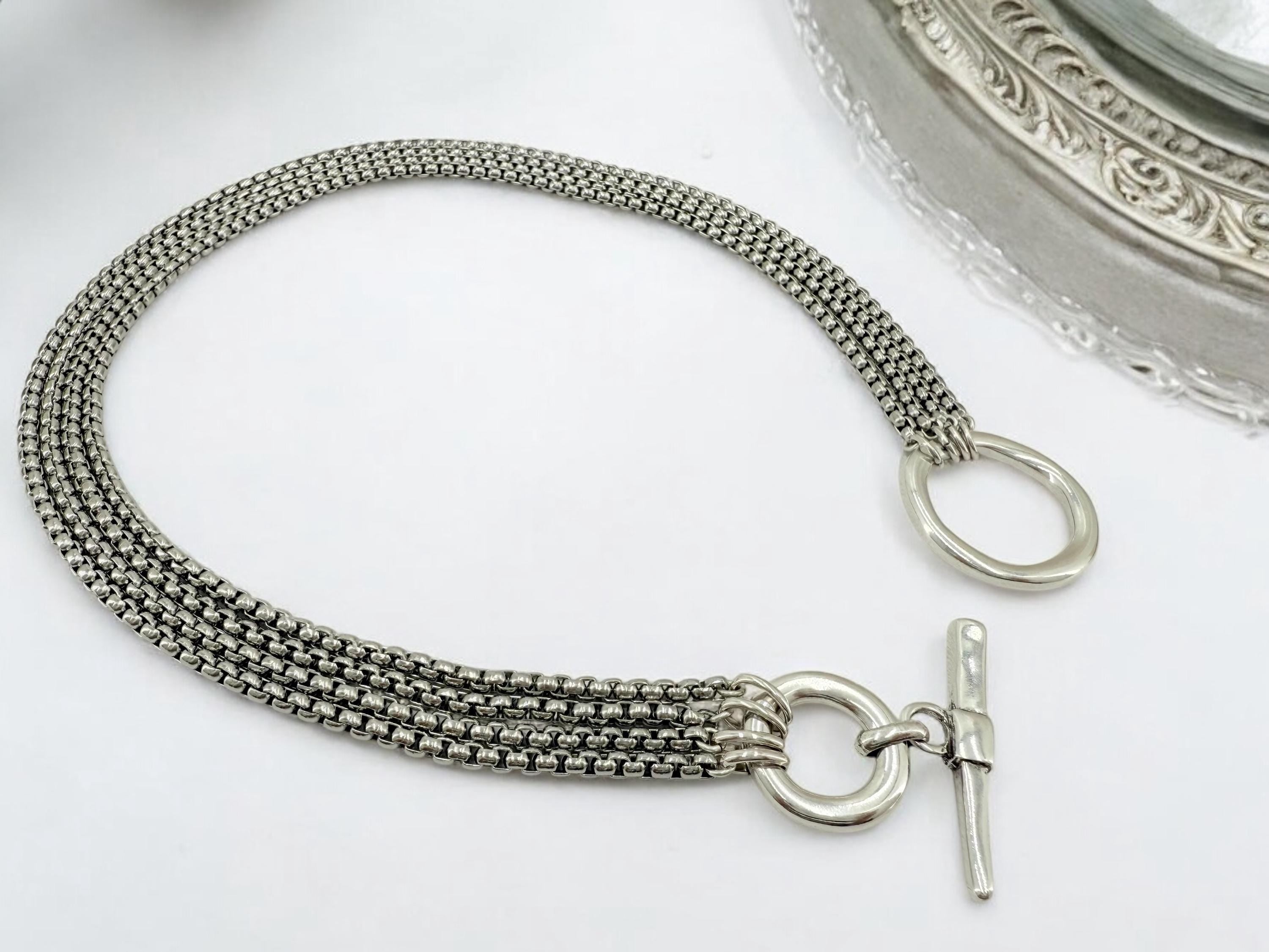 Multi stand silver chain toggle necklace, statement chunky handmade jewelry